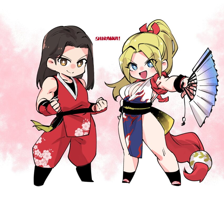 1boy 1girl andy_bogard apollo_(pixiv884782) bare_legs bare_shoulders belt black_belt black_hair blonde_hair blue_eyes breasts brown_eyes cleavage clenched_hands closed_mouth color_switch commentary_request dougi eye_color_switch fatal_fury flame_print floral_print full_body hair_color_switch hair_ornament hand_fan hand_on_own_hip high_ponytail highres holding holding_fan large_breasts looking_at_viewer martial_arts_belt ninja obi open_mouth parted_bangs pelvic_curtain ponytail red_dougi rope sash shiranui_mai smile standing the_king_of_fighters