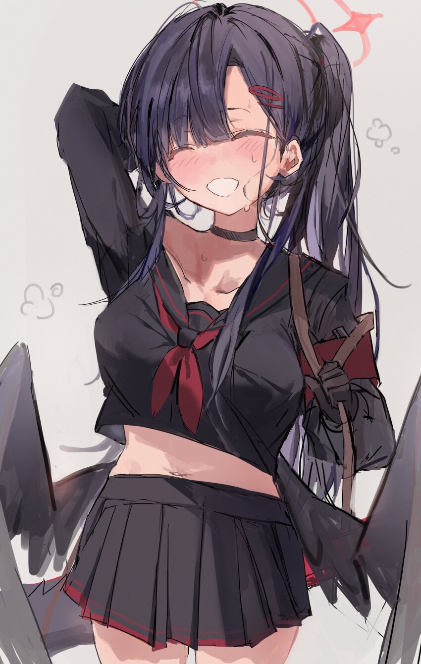 1girl absurdres arm_up armband black_choker black_gloves black_hair black_sailor_collar black_serafuku black_skirt black_wings blue_archive blush breasts choker closed_eyes collarbone gloves halo highres ichika_(blue_archive) large_breasts long_hair long_sleeves low_wings miniskirt multicolored_hair neckerchief necktie open_mouth pleated_skirt ponytail purple_hair qqkkay red_necktie sailor_collar school_uniform serafuku skirt solo sweat wings
