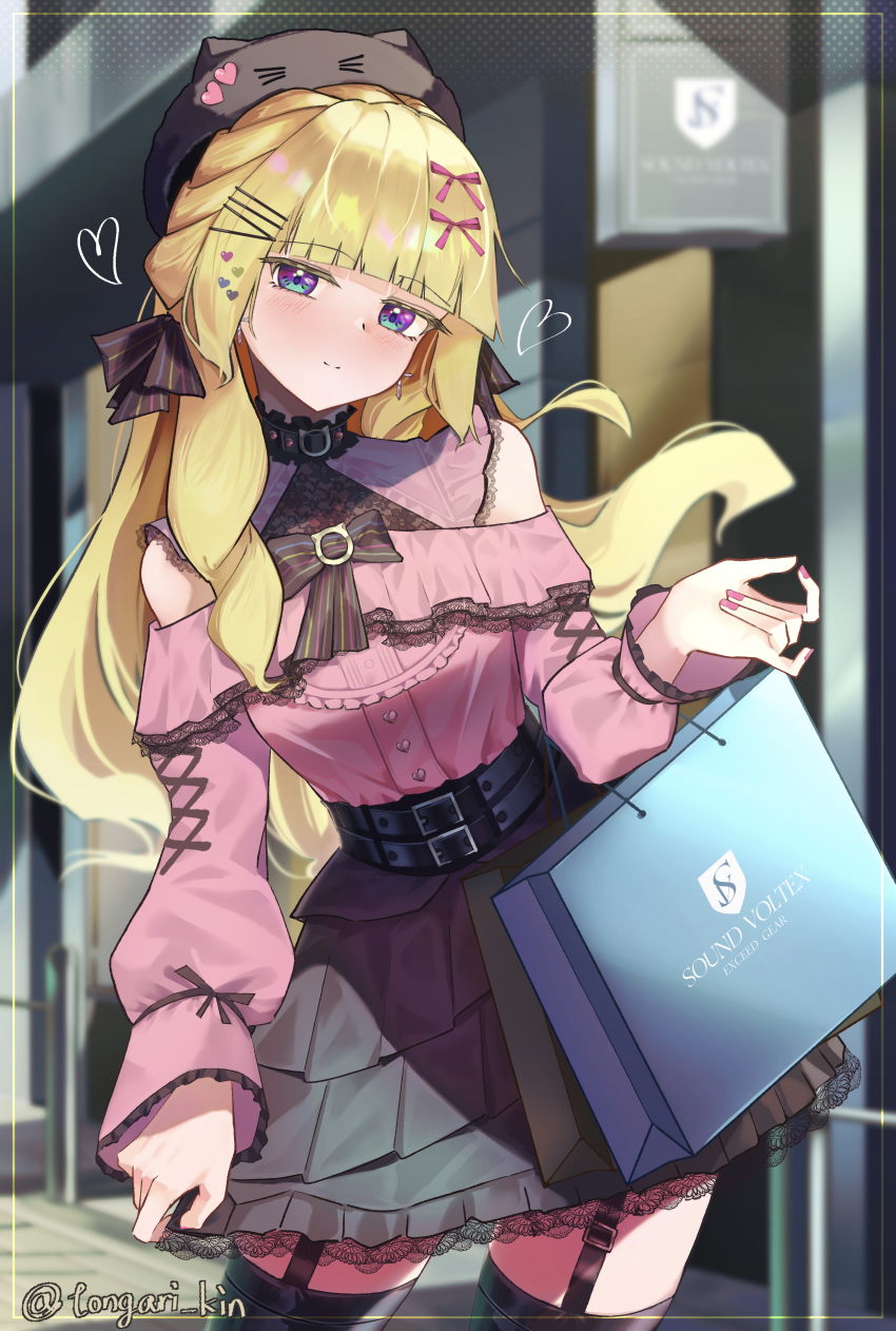 1girl absurdres bag bare_shoulders bemani black_skirt blonde_hair blunt_bangs blush contrapposto garter_straps highres jirai_kei kougei_ciel_nana looking_at_viewer pink_shirt pulling_own_clothes purple_eyes shirt shopping_bag skirt smile solo sound_voltex thighhighs tongari_kin zettai_ryouiki