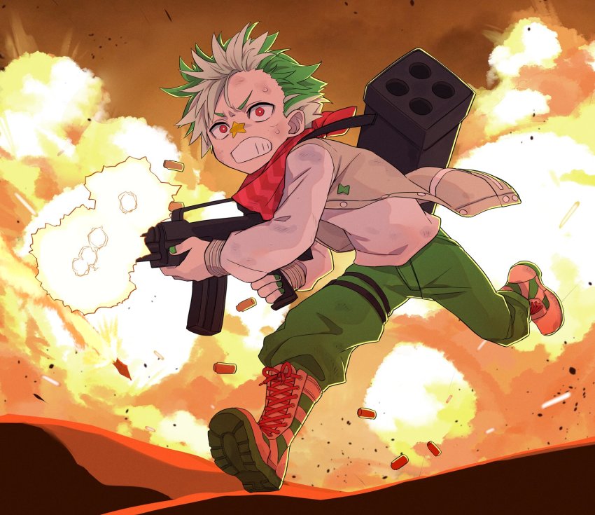 1boy badge beige_jacket boots button_badge clenched_teeth commentary_request daimonji_ryugon explosion facial_mark firing green_boots green_hair green_nails gun gun_sling highres holding holding_gun holding_weapon jersey lace-up_boots long_sleeves m202_flash male_focus multicolored_boots multicolored_hair multiple-barrel_gun multishot_rocket_launcher nail_polish red_eyes red_scarf rocket_launcher running scarf shell_casing shirt sleeveless sleeveless_jacket solo star_(symbol) sweat teeth toromera two-tone_boots two-tone_hair virtual_youtuber voms weapon weapon_on_back weapon_request white_boots white_hair white_shirt