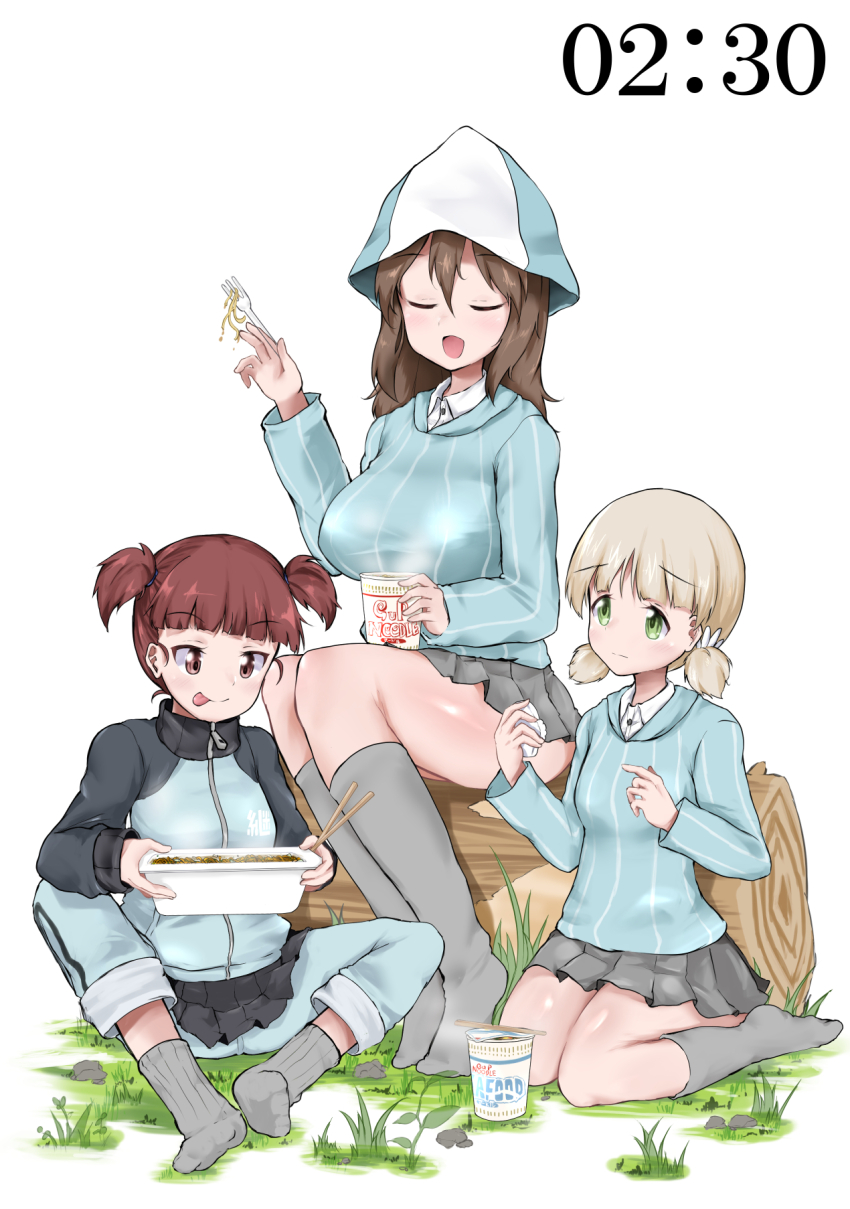 aki_(girls_und_panzer) blonde_hair blush breasts brown_eyes brown_hair chopsticks closed_eyes closed_mouth food fork girls_und_panzer green_eyes grey_skirt grey_socks hat highres keizoku_school_uniform large_breasts long_hair looking_at_another microskirt mika_(girls_und_panzer) mikko_(girls_und_panzer) naopon918 noodles open_mouth pleated_skirt ramen school_uniform simple_background skirt small_breasts smile socks tongue tongue_out tulip_hat twintails white_background
