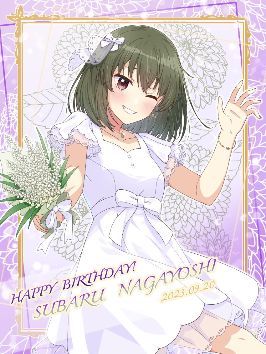 1girl 2023 absurdres blush border bouquet bow bracelet breasts character_name collarbone dress flower framed green_hair grin hair_ornament happy_birthday highres holding holding_bouquet idolmaster idolmaster_million_live! idolmaster_million_live!_theater_days jewelry looking_at_viewer applying_manicure nagayoshi_subaru nail_polish one_eye_closed ornate_border red_eyes ribbon see-through_clothes see-through_sleeves shiro_(ongrokm) short_hair short_sleeves small_breasts smile solo white_dress