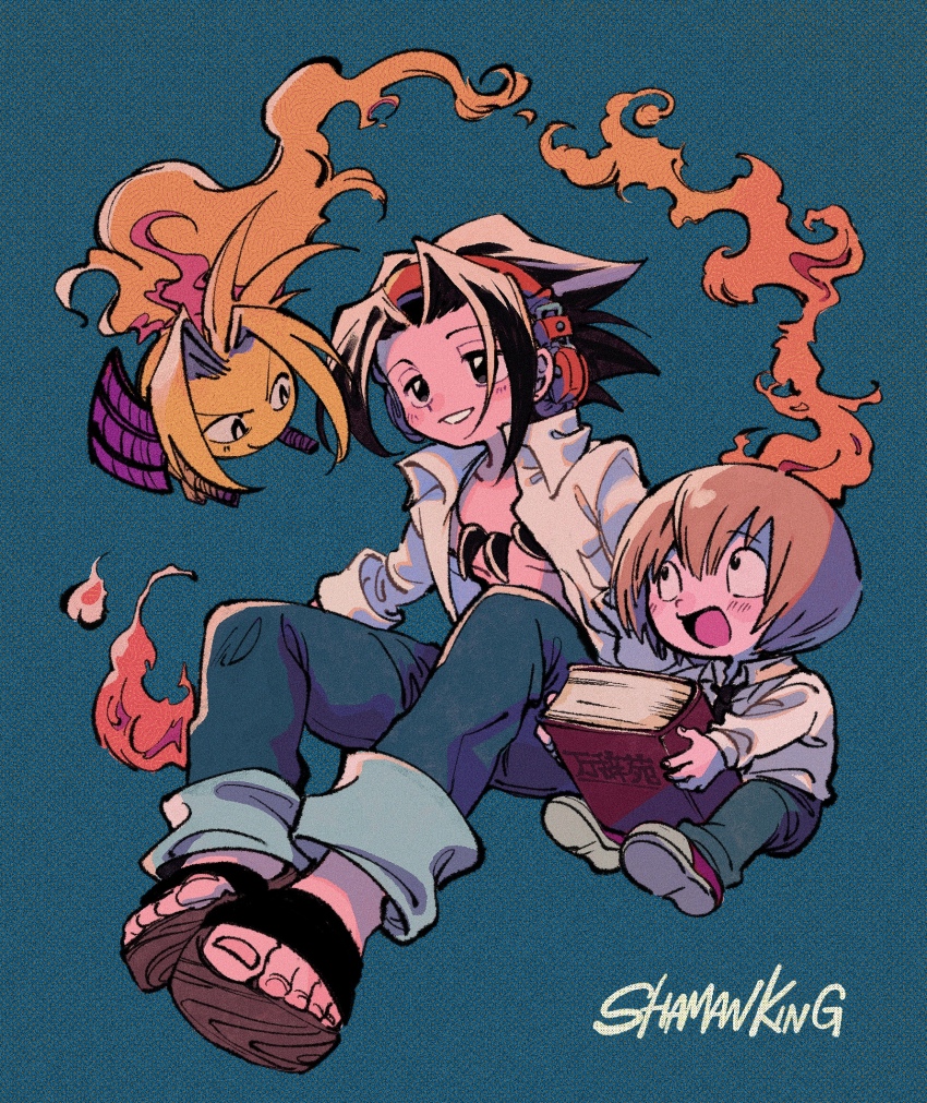 2boys amidamaru asakura_yoh black_eyes blue_pants blush book brown_hair copyright_name fire full_body grin headphones highres holding holding_book multiple_boys necktie ok_ko19 open_clothes open_mouth open_shirt oyamada_manta pants sandals shaman_king shirt shoes sitting size_difference smile sneakers translation_request white_shirt