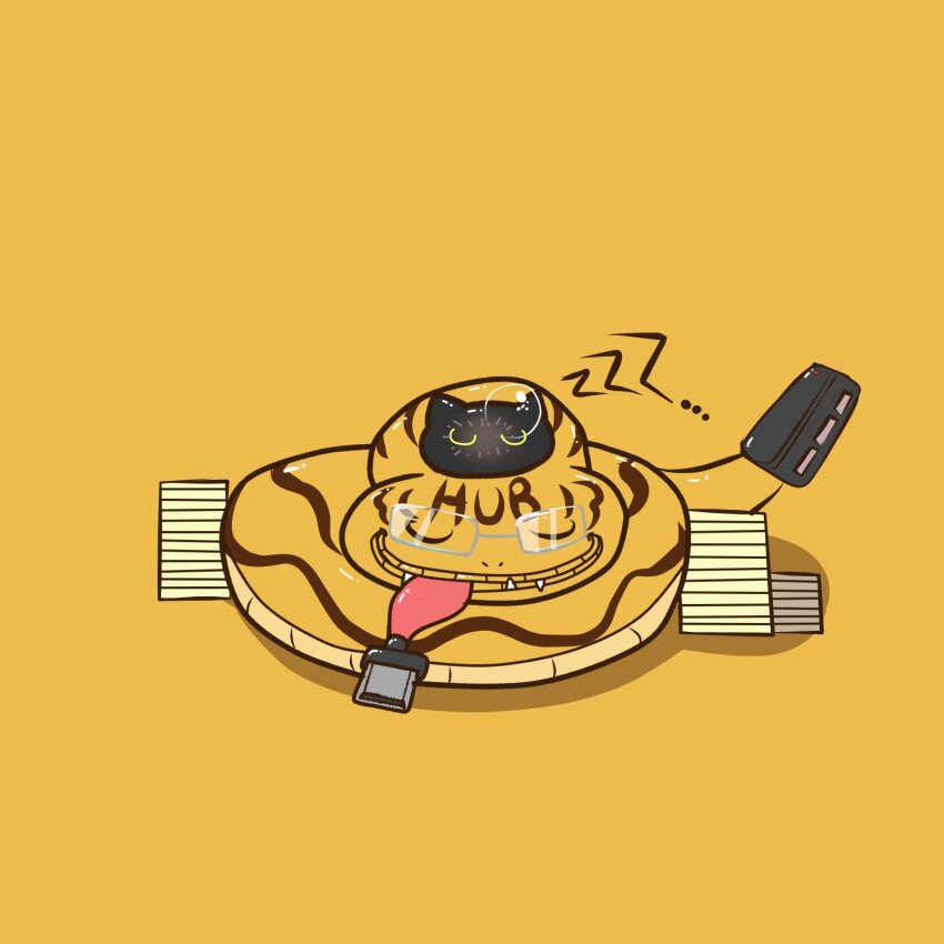 black_skin botamon closed_eyes colored_skin digimon digimon_(creature) glasses highres hubmon simple_background sleeping snake tongue tongue_out usb yellow_background youwantstars zzz