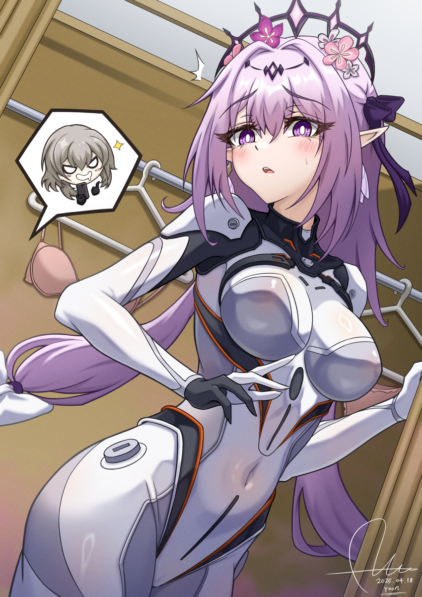 2girls absurdres alternate_costume black_tiara bodysuit bra breasts bright_pupils castorice_(honkai:_star_rail) clothes_hanger commentary_request cosplay covered_navel cowboy_shot dasoin dated dutch_angle earrings firefly_(ar-26710)_(honkai:_star_rail) firefly_(honkai:_star_rail) firefly_(honkai:_star_rail)_(cosplay) fitting_room floating_hair flower grey_bodysuit hair_between_eyes hair_flower hair_intakes hair_ornament highres honkai:_star_rail honkai_(series) impossible_bodysuit impossible_clothes indoors jewelry large_breasts long_hair looking_at_viewer low-tied_long_hair low_twintails mecha_pilot_suit multiple_girls open_mouth panties pink_bra pink_panties pointy_ears purple_eyes purple_hair signature single_earring small_sweatdrop solo_focus speech_bubble spoken_character stelle_(honkai:_star_rail) tiara trailblazer_(honkai:_star_rail) twintails underwear unworn_bra unworn_panties very_long_hair white_pupils
