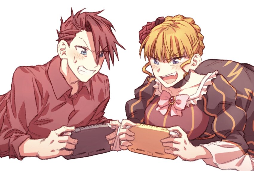 1boy 1girl :d beatrice_(umineko) black_dress blonde_hair blue_eyes braid breasts clenched_teeth collared_shirt commentary_request crown_braid dress fang flower handheld_game_console highres holding holding_handheld_game_console hswoimuxk0pwr0h_(bbdan) large_breasts lying nintendo_switch on_stomach open_mouth playing_games red_flower red_hair red_rose red_shirt rose shirt short_hair sidelocks simple_background smile sweat teeth umineko_no_naku_koro_ni ushiromiya_battler v-shaped_eyebrows white_background