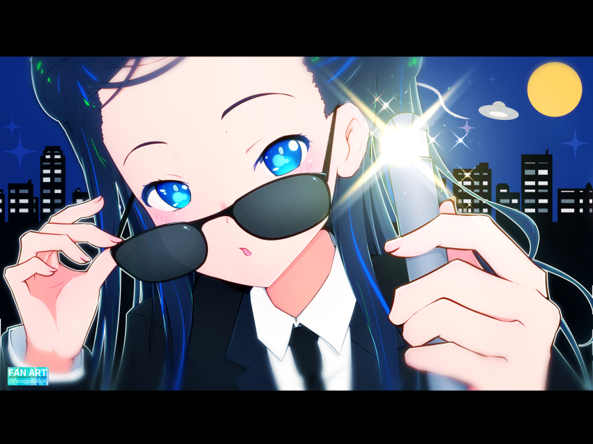 1girl 22/7 adjusting_eyewear artist_name black_hair black_jacket black_necktie blue_eyes blue_hair close-up collared_shirt flashlight flashlight_beam full_moon furoggu-gaburi highres holding holding_flashlight jacket letterboxed long_hair long_sleeves looking_at_viewer moon multicolored_hair necktie night night_sky nishiura_sora parted_lips shirt sky solo sunglasses ufo white_shirt