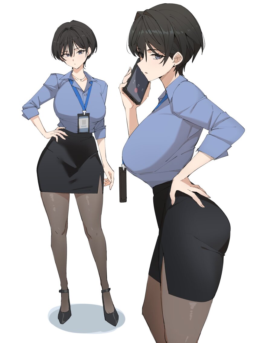 1girl :/ absurdres black_hair black_pantyhose black_shoes black_skirt blue_eyes blue_shirt breasts cellphone closed_mouth collared_shirt commentary_request cowboy_shot dress_shirt earrings from_side full_body hair_between_eyes hand_on_own_hip highres holding holding_phone id_card jewelry lanyard large_breasts looking_at_viewer mole mole_on_cheek multiple_views necklace office_lady original pantyhose parted_lips pen_guin15 pencil_skirt phone shirt shoes sideways_glance sideways_mouth simple_background skirt sleeves_rolled_up smartphone standing stud_earrings talking_on_phone white_background