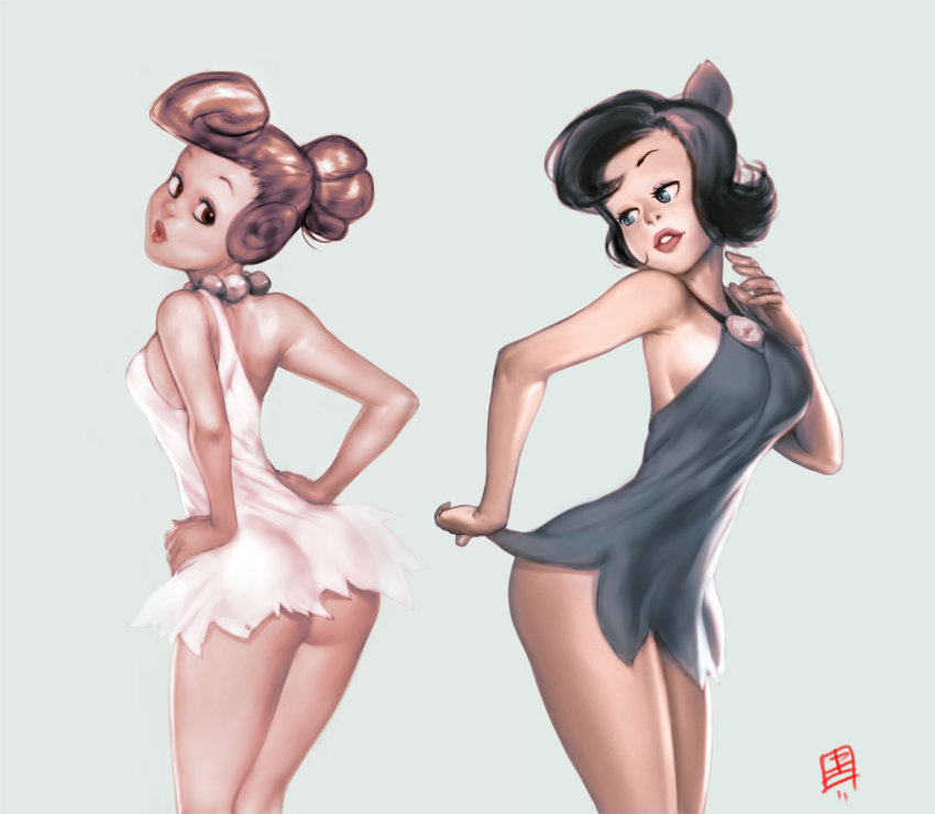 2girls ass bare_shoulders betty_rubble black_hair blue_eyes bow dress hair_bow hands_on_own_hips jewelry lips lipstick looking_back makeup mature_female microdress multiple_girls necklace no_panties qiqo red_eyes red_hair short_dress short_hair simple_background the_flintstones wilma_flintstone