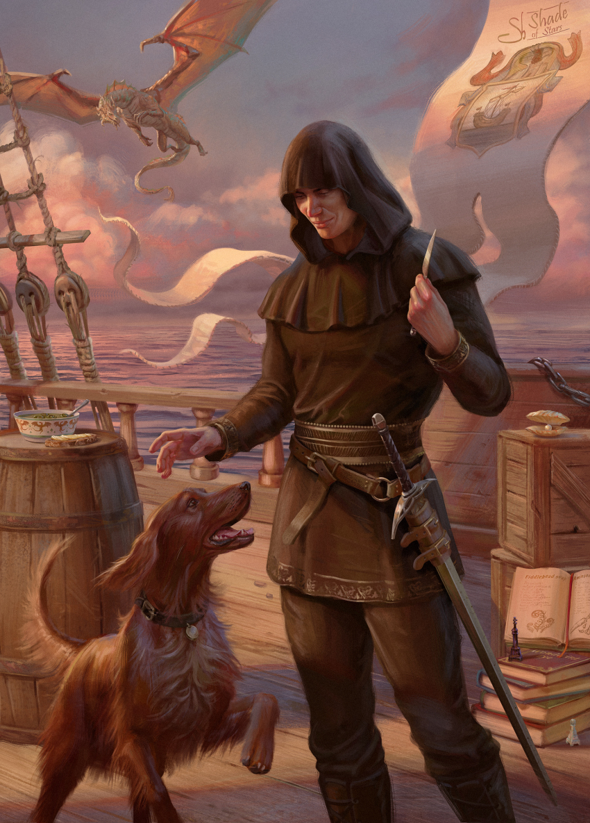 1boy absurdres alternate_form animal ansur artist_name baldur&#039;s_gate baldur&#039;s_gate_3 barrel belt blue_sky book book_stack boots bowl brown_capelet brown_footwear brown_jacket brown_pants capelet chain cloud cloudy_sky commentary crate day dog dragon english_commentary feet_out_of_frame gem highres holding holding_knife hood hood_up hooded_capelet jacket knee_boots knife looking_at_animal male_focus outdoors oyster pants pearl_(gemstone) ratline realistic rope shade_of_stars sheath sheathed ship ship_deck sky smile standing sword the_emperor_(baldur&#039;s_gate) watercraft weapon western_dragon wind