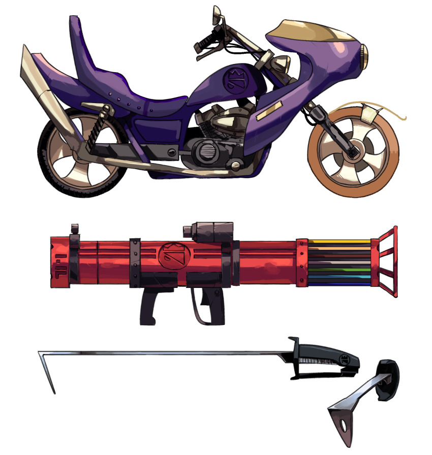cannon colored_pencil colored_pencils_(paper_mario) highres king_olly logo mario_(series) motor_vehicle motorcycle mumumu57hiro nintendo no_humans object_focus paper_mario paper_mario:_the_origami_king pencil simple_background stapler stapler_(paper_mario) sword tape tape_(paper_mario) vehicalization vehicle_focus weapon weapon_focus white_background