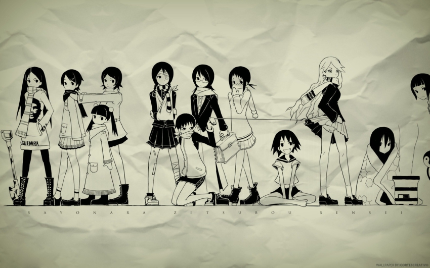 00s 6+girls bandage_over_one_eye bandages braid che_guevara cortescreativo everyone eyepatch female_focus fujiyoshi_harumi full_body fuura_kafuka glasses hair_bobbles hair_ornament hairclip highres hitou_nami kaga_ai kimura_kaere kitsu_chiri kneeling kobushi_abiru komori_kiri mitama_mayo mole monochrome multiple_girls otonashi_meru panties pantyhose parted_bangs ponytail sayonara_zetsubou_sensei scarf school_uniform sekiutsu_maria_tarou serafuku shovel signature sitting skirt tsunetsuki_matoi twin_braids underwear watermark worktool