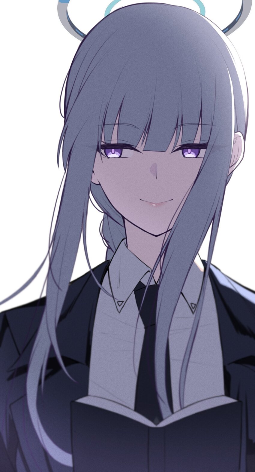 1girl black_necktie black_suit blue_archive blunt_bangs book braid braided_ponytail collared_shirt commentary cosplay formal_clothes halo highres long_hair makima_(chainsaw_man) makima_(chainsaw_man)_(cosplay) necktie noa_(blue_archive) purple_eyes reia_76 shirt sidelocks sideways_glance simple_background smile solo suit symbol-only_commentary upper_body white_background white_hair white_shirt