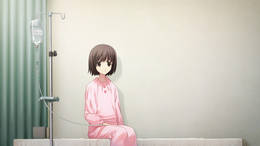 1girl bed brown_eyes brown_hair buttons chaos;child check_clothing clinic clothing_request curtains flat_chest game_cg green_curtains hand_on_lap highres hospital hospital_bed indoors infirmary intravenous_drip iv_stand long_sleeves looking_to_the_side non-web_source official_art on_bed pajamas pink_pajamas puffy_collar puffy_long_sleeves puffy_sleeves sasaki_mutsumi solo swept_bangs tachibana_yui