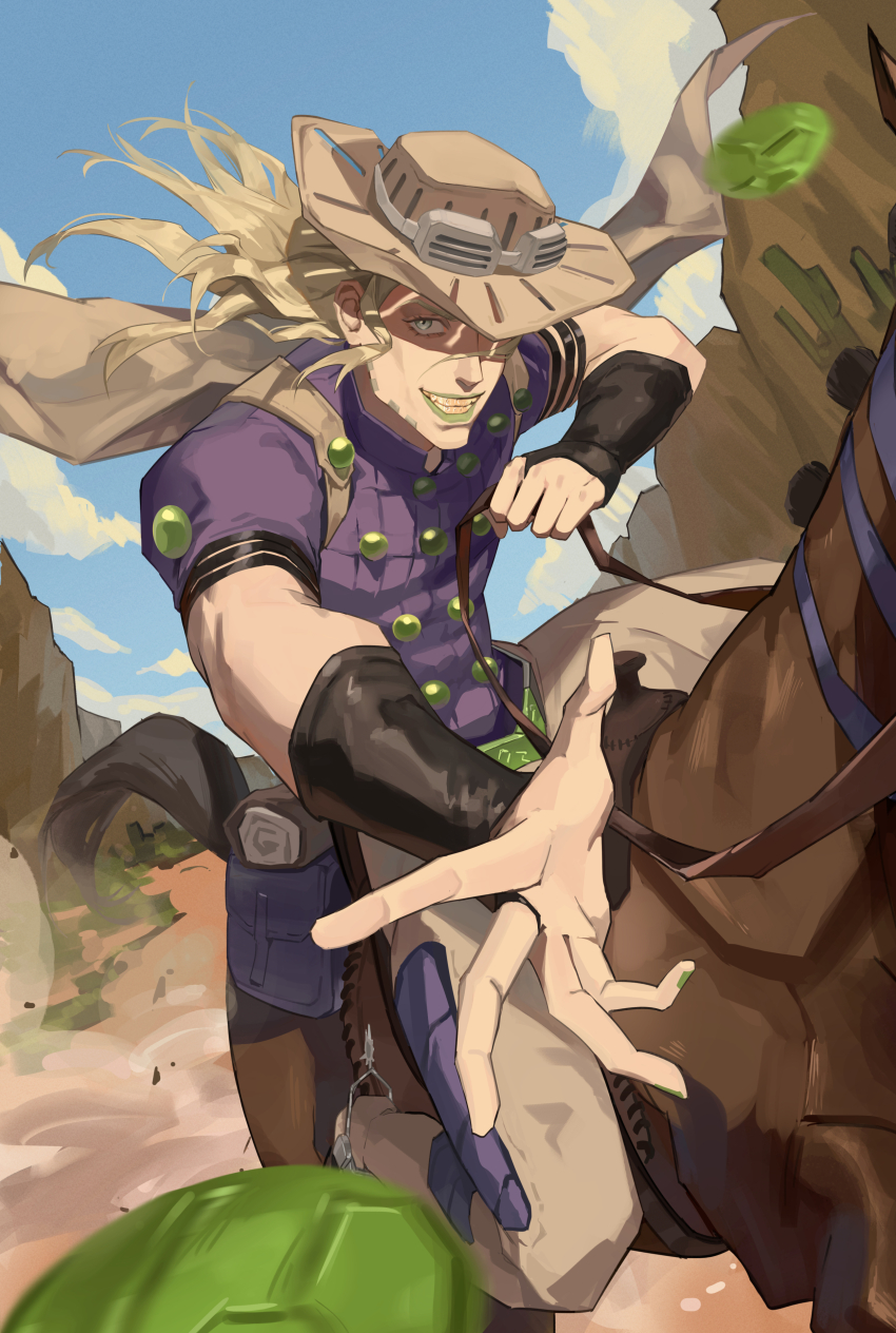 1boy absurdres blonde_hair cape facial_hair goggles goggles_on_headwear gold_teeth green_lips grills gyro_zeppeli hat highres hineshika horse horseback_riding jojo_no_kimyou_na_bouken long_hair male_focus riding short_sleeves smile solo spurs steel_ball_(jojo) steel_ball_run