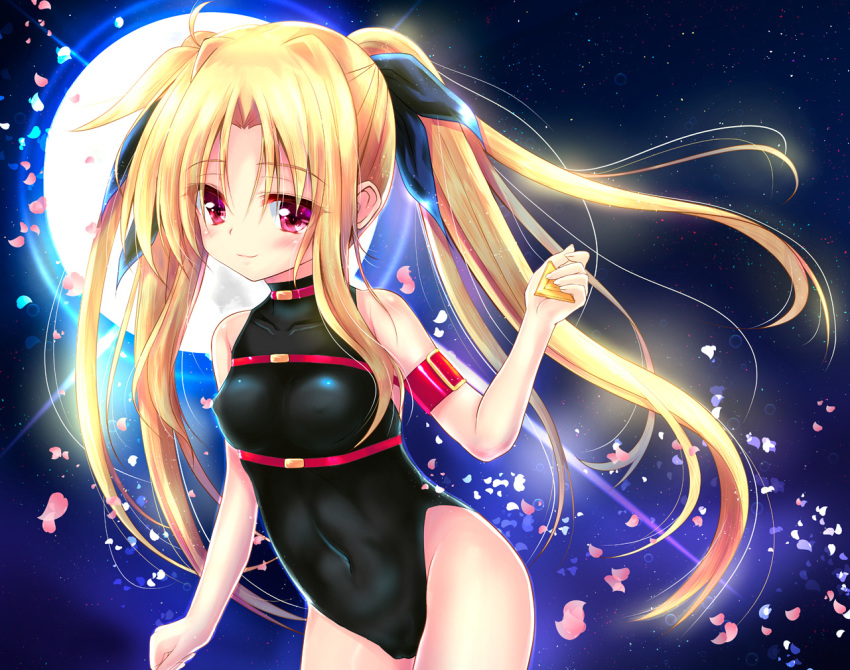 1girl bardiche_(nanoha) bardiche_(standby_form)_(nanoha) blonde_hair breasts cameltoe covered_erect_nipples covered_navel fate_testarossa fate_testarossa_(movie_1st_form) female_focus full_moon leotard long_hair lyrical_nanoha mahou_shoujo_lyrical_nanoha moon red_eyes ribbon shaian small_breasts smile solo star_(sky) very_long_hair