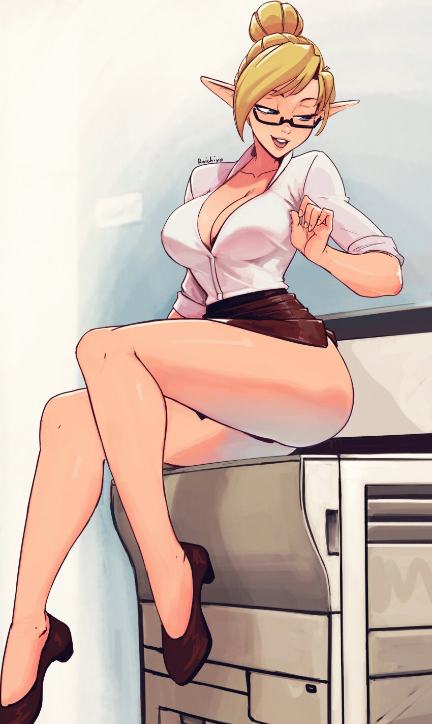 1girl :d absurdres artist_name ass bare_legs black-framed_eyewear blue_eyes breasts brown_shoes brown_skirt cleavage collarbone commentary elf english_commentary forecast_janna hair_bun highres janna_(league_of_legends) large_breasts league_of_legends long_pointy_ears long_sleeves miniskirt office_lady open_mouth pencil_skirt photocopier photocopying_self pointy_ears raichiyo33 semi-rimless_eyewear shirt shoes single_hair_bun sitting skirt sleeves_rolled_up smile solo teeth under-rim_eyewear upper_teeth_only white_shirt