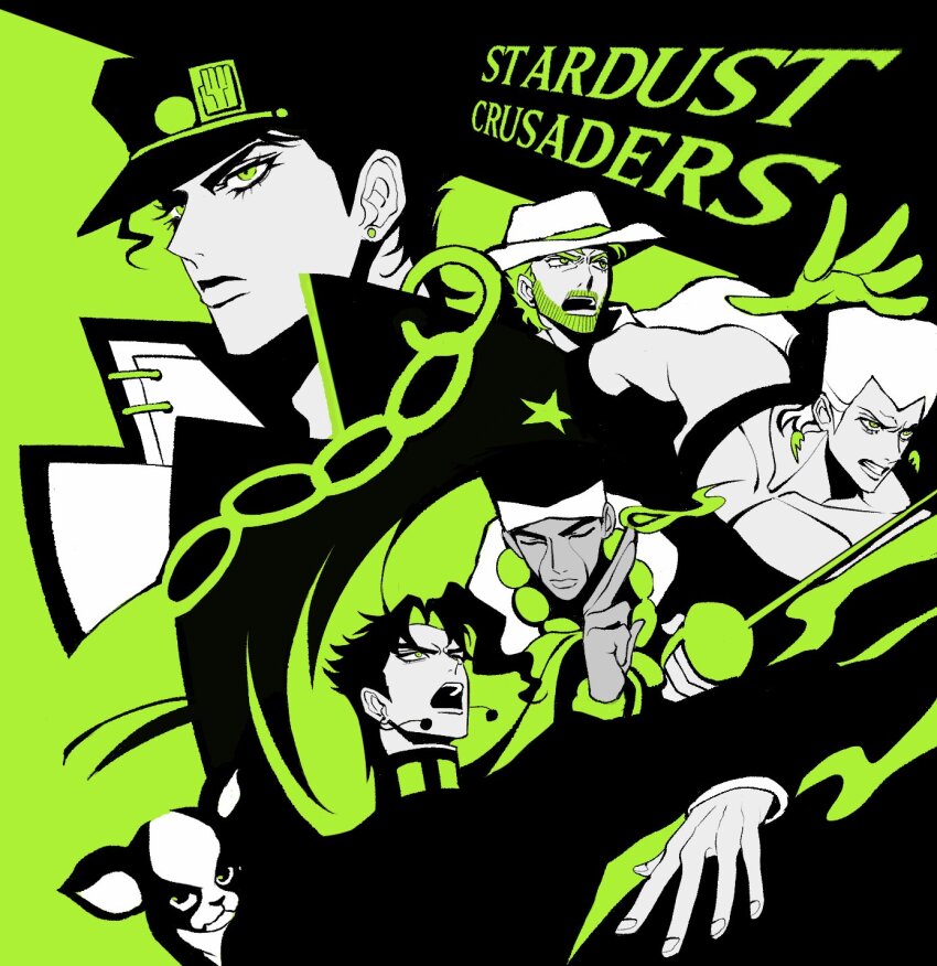 5boys animal beard chain clamchowder55 closed_eyes copyright_name dog earrings eyelashes facial_hair gakuran green_eyes green_theme hashtag-only_commentary hat highres iggy_(jojo) jean_pierre_polnareff jewelry jojo_no_kimyou_na_bouken jonathan_joestar joseph_joestar joseph_joestar_(old) kakyoin_noriaki looking_ahead mohammed_avdol monochrome multiple_boys open_mouth school_uniform stardust_crusaders