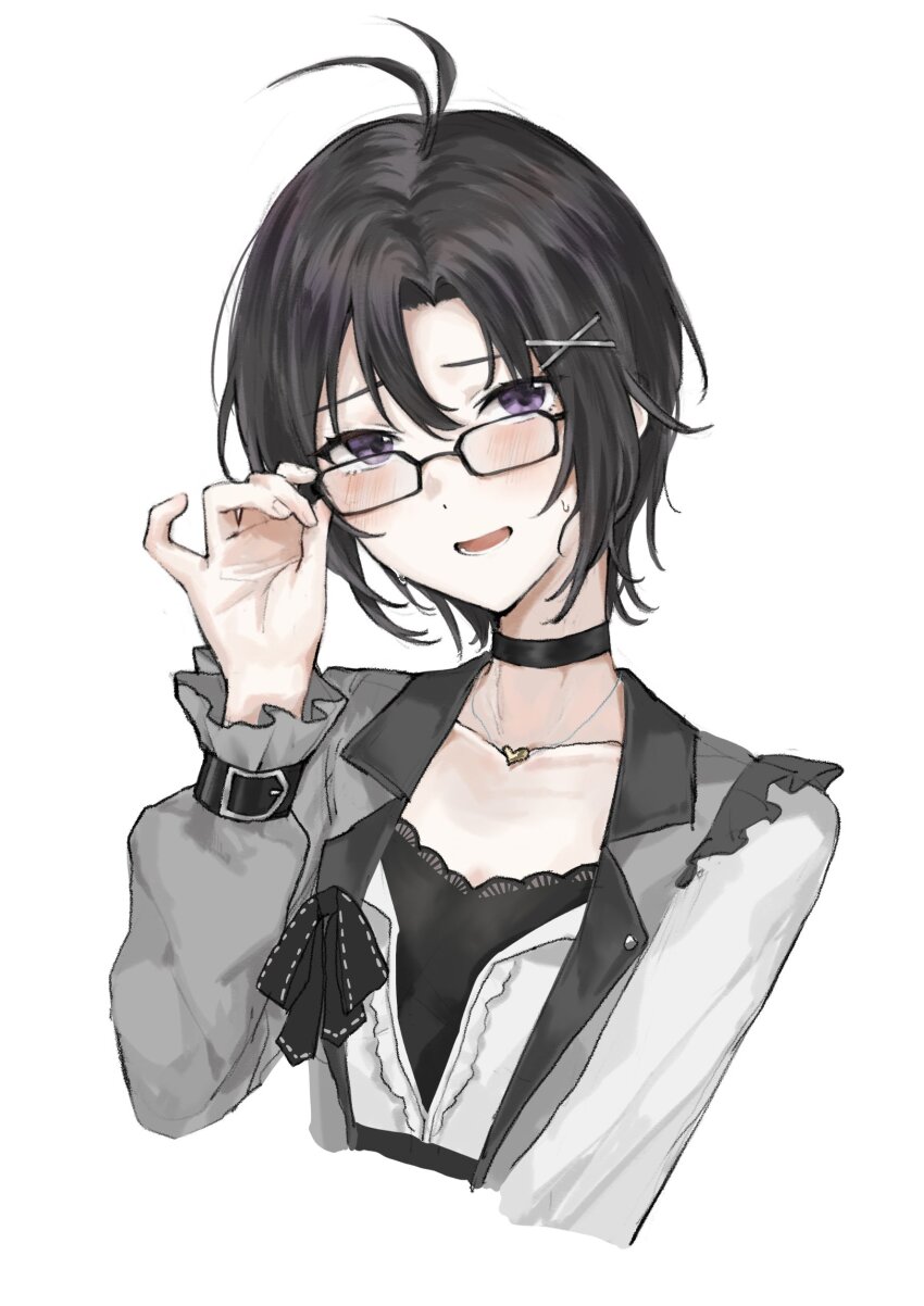 1girl absurdres aburi-gatana ahoge black-framed_eyewear black_camisole black_choker black_hair black_ribbon blush camisole choker cropped_jacket cropped_torso embarrassed frilled_sleeves frills hair_ornament heart heart_necklace highres idolmaster idolmaster_(classic) jewelry kikuchi_makoto lace-trimmed_camisole lace_trim lapels looking_at_viewer lower_teeth_only necklace open_mouth purple_eyes ribbon short_hair sidelocks simple_background solo sweatdrop teeth upper_body white_background x_hair_ornament