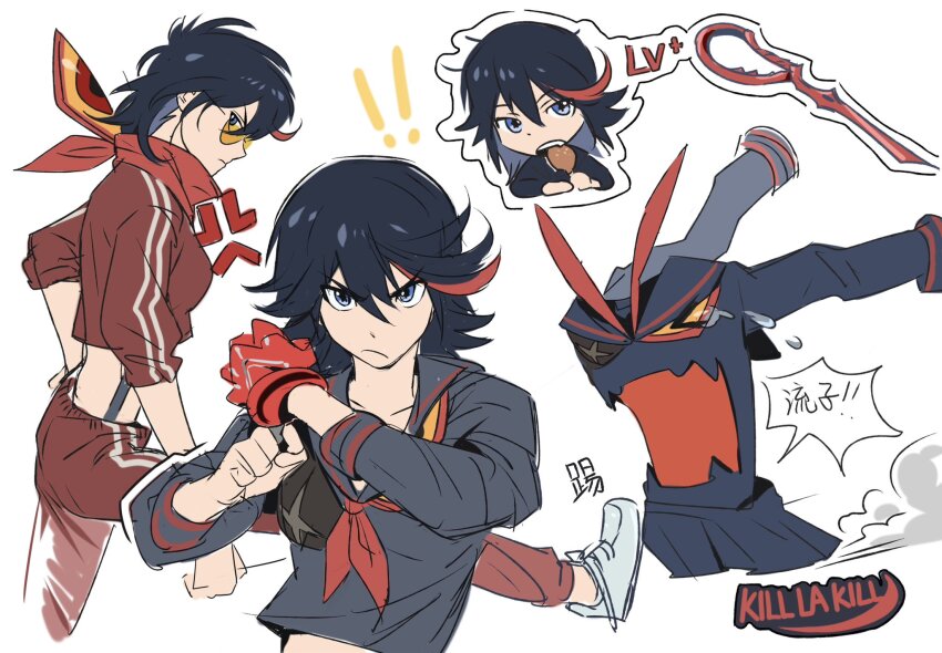 1girl black_hair blue_eyes gloves highres kill_la_kill life_fiber living_clothes matoi_ryuuko multicolored_hair red_hair sapomu4 school_uniform scissor_blade_(kill_la_kill) senketsu serafuku short_hair skirt solo streaked_hair suspenders two-tone_hair