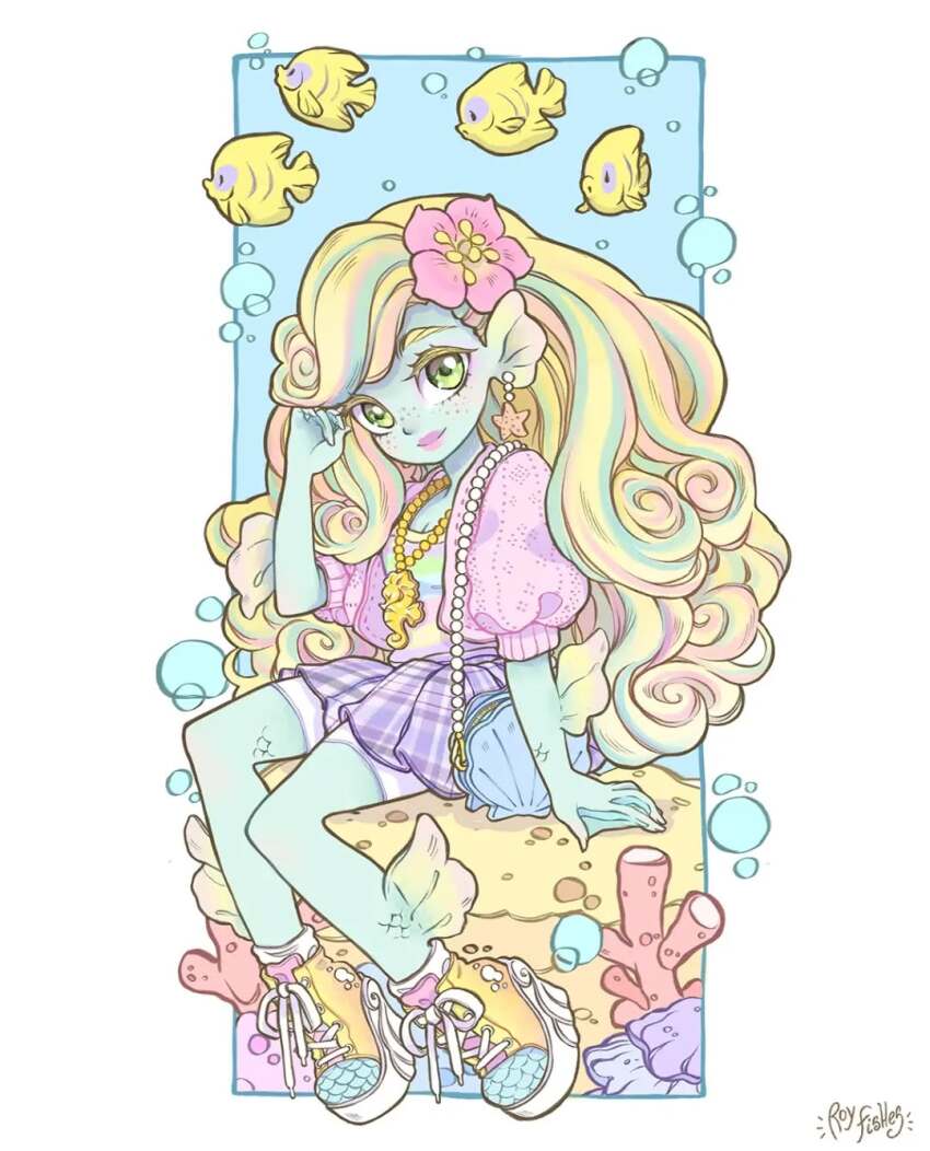 1girl air_bubble ankle_fins arm_support artist_name bag bead_necklace beads blonde_hair blue_background blue_bag border breasts bubble cleavage colored_eyelashes colored_skin commentary_request coral curly_hair fins fish flower freckles full_body gold_necklace green_eyes green_hair green_skin hair_flower hair_ornament head_fins highres jacket jewelry lagoona_blue long_hair looking_at_viewer monster_high monster_high_(g1) multicolored_hair necklace open_clothes open_jacket outside_border pink_flower pink_hair pink_jacket pink_lips plaid_clothes plaid_skirt platform_footwear pleated_skirt procreate_(medium) puffy_short_sleeves puffy_sleeves purple_shorts purple_skirt royfishes scales shell_bag shirt shoelaces shoes short_sleeves shorts shorts_under_skirt shoulder_bag simple_background sitting skirt small_breasts solo spanish_commentary streaked_hair striped_clothes striped_shirt webbed_hands white_border yellow_shoes