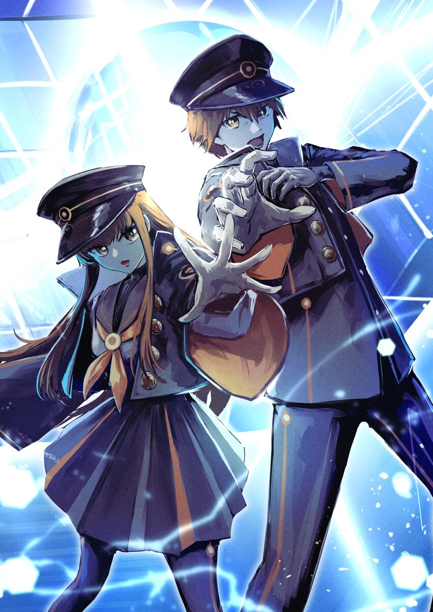 152_in_can 1boy 1girl absurdres black_jacket black_pants black_pantyhose blue_background brown_eyes buttons fate/extra fate/grand_order fate_(series) grey_sailor_collar hat high_collar highres jacket kishinami_hakuno_(female)_(mooncancer) kishinami_hakuno_(male)_(mooncancer) long_hair long_sleeves military_hat military_uniform neckerchief orange_neckerchief orange_skirt orange_trim outstretched_arm pants pantyhose sailor_collar school_uniform serafuku skirt two-tone_skirt white_serafuku wide_sleeves