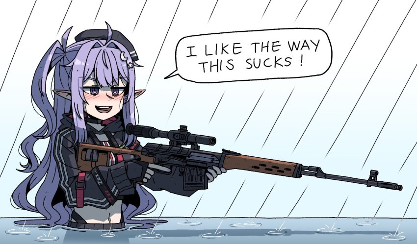 1girl ahoge beret black_choker black_hat black_jacket blush choker commentary commission crescent crescent_hair_ornament cropped_jacket double-parted_bangs dragunov_svd eepy_sleepy english_commentary english_text fingerless_gloves gloves gun hair_intakes hair_ornament hat highres holding holding_gun holding_weapon hood hooded_jacket jacket jitome karepack long_hair long_sidelocks long_sleeves midriff navel one_side_up open_mouth optical_sight phase_connect pointy_ears purple_eyes purple_hair purple_nails rain rifle ripples sidelocks smile smug sniper_rifle solo speech_bubble star_(symbol) star_choker star_hair_ornament teeth trigger_discipline upper_body upper_teeth_only wading water weapon