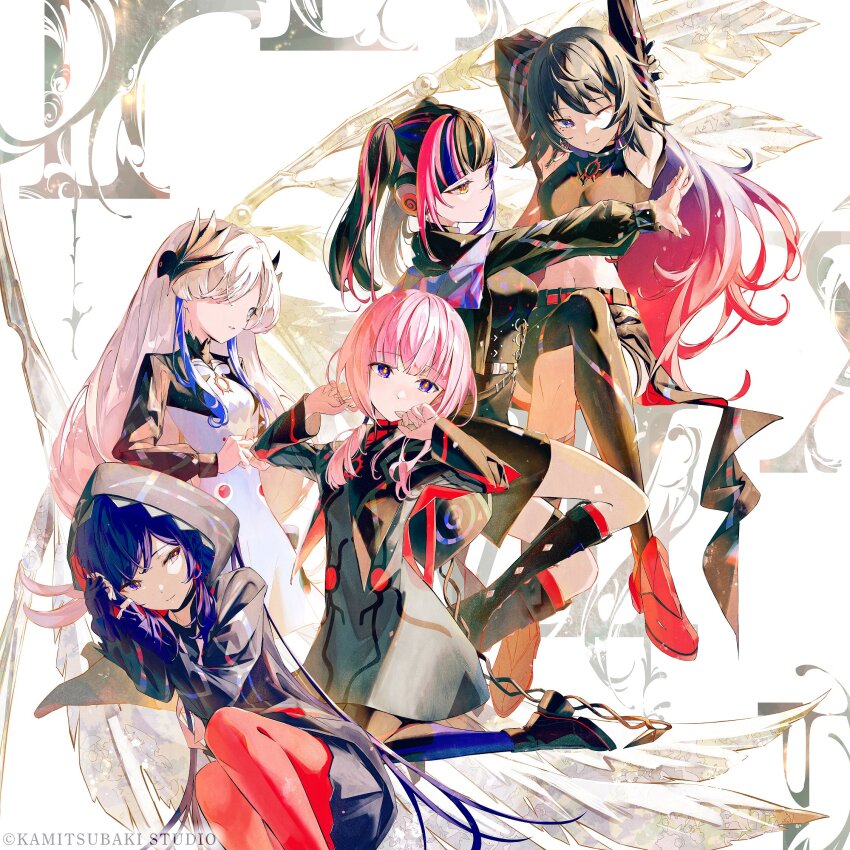 5girls asymmetrical_bangs averting_eyes black_dress black_hair black_shoes blunt_bangs bob_cut commentary_request company_name copyright_notice crop_top crossed_legs double-parted_bangs dress fingerless_gloves gloves hair_ornament halterneck harusaruhi headphones highres hood hood_down hood_up hoodie isekaijoucho kaf_(kamitsubaki_studio) kamitsubaki_studio kneehighs kneeling koko_(kamitsubaki_studio) long_hair long_sleeves looking_ahead low_twintails medium_dress midriff multicolored_hair multiple_girls official_art one_eye_closed pantyhose pink_hair red_shoes rim_(kamitsubaki_studio) sakinoji shoes short_hair single_thighhigh sleeve_cuffs socks streaked_hair stretching thighhighs three_quarter_view twintails virtual_youtuber white_dress white_hair wing_hair_ornament