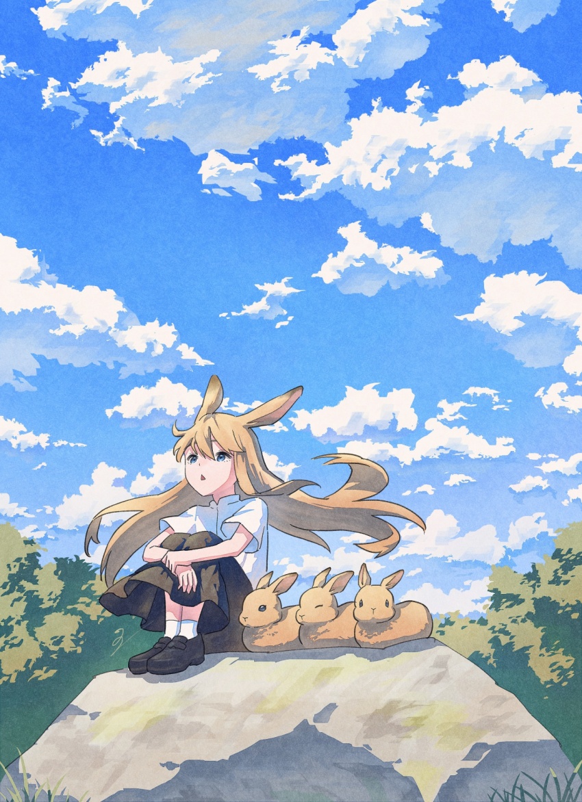 1girl animal_ears black_shoes black_skirt blue_eyes blue_sky brown_hair cloud collared_shirt commentary_request day double-parted_bangs floating_hair hair_between_eyes hand_on_own_wrist highres hugging_own_legs ito_yoshi long_bangs long_hair long_skirt looking_up mary_janes original parted_lips rabbit rabbit_ears rabbit_girl rock shirt shoes short_sleeves skirt sky socks straight_hair sunlight tree white_shirt white_socks wide_shot