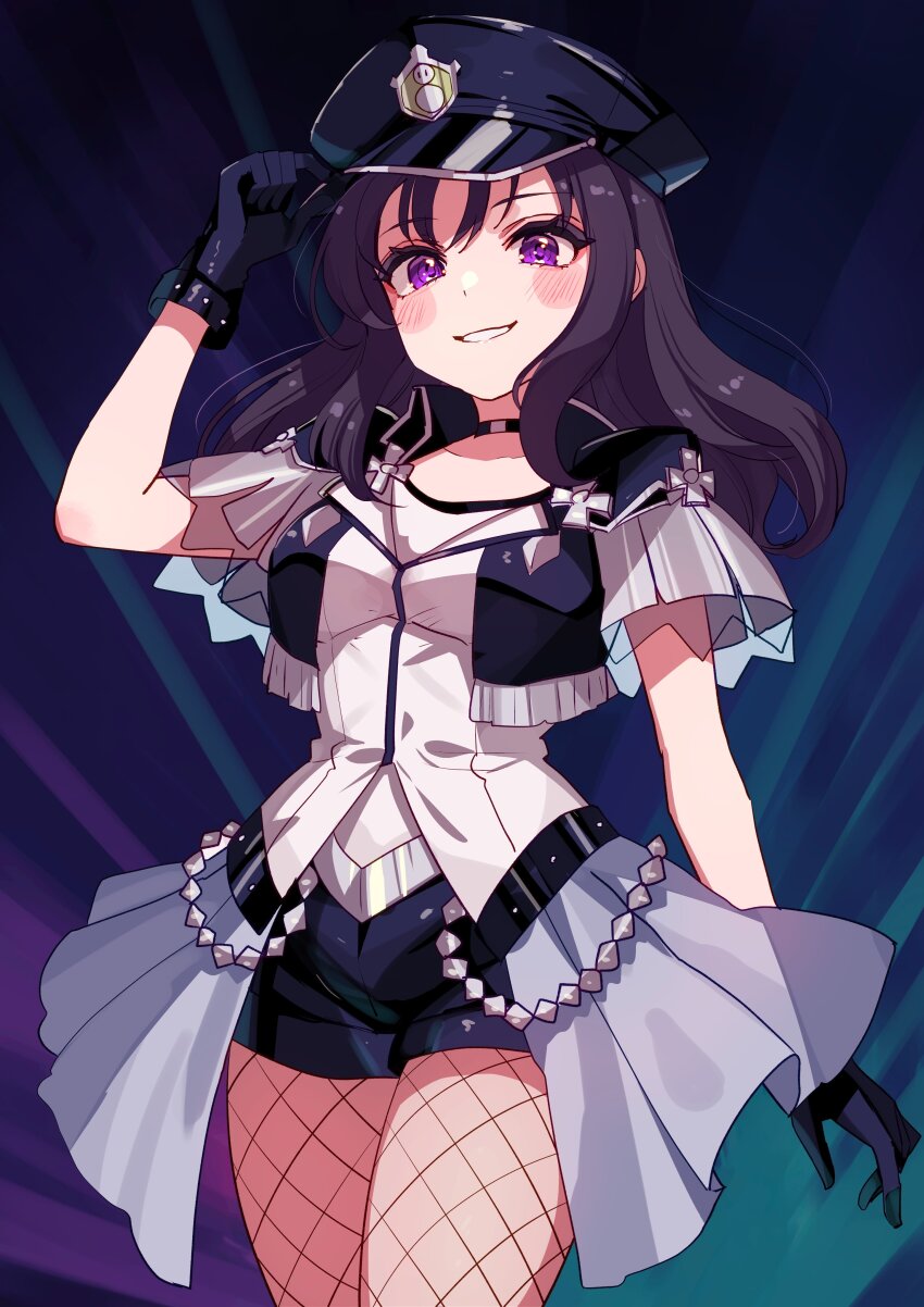 1girl absurdres believe_again birthday black_gloves blush breasts choker collarbone commentary cream_(nipakupa) fishnets gloves grin hair_down hat highres kazuno_sarah long_hair looking_at_viewer love_live! love_live!_sunshine!! love_live!_sunshine!!_the_school_idol_movie_over_the_rainbow medium_breasts purple_eyes purple_hair short_shorts shorts smile solo upper_body