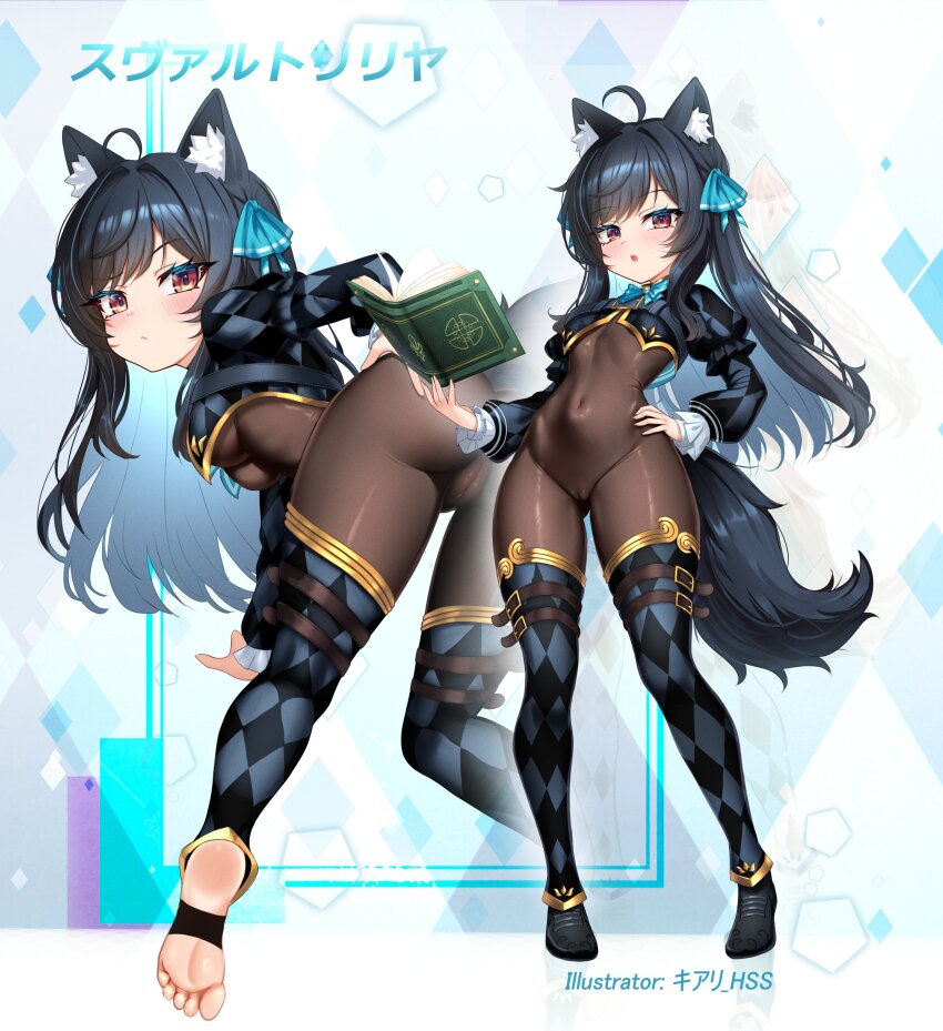 1girl absurdres ahoge animal_ear_fluff animal_ears argyle_clothes argyle_shirt argyle_thighhighs ass black_bodystocking black_hair black_shrug blush bodystocking bodysuit borrowed_character breasts brown_bodysuit cameltoe checkered_thighhighs chest_belt covered_navel detached_pants feet gradient_eyes hair_ribbon hands_on_own_hips highres impossible_bodysuit impossible_clothes kiari_art long_hair long_sleeves looking_at_viewer multicolored_eyes no_shoes original presenting presenting_ass red_eyes ribbon see-through_bodystocking shrug_(clothing) simple_background small_breasts soles standing stirrup_legwear svartlilja_(vrchat) tail toeless_legwear toes vrchat wolf_ears wolf_girl wolf_tail