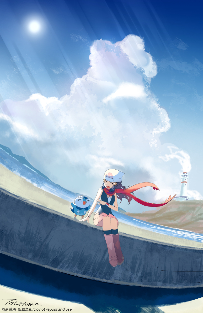 1girl :d =_(9_yawbus) absurdres beanie black_hair black_shirt black_socks boots closed_eyes cloud commentary_request cumulonimbus_cloud dawn_(pokemon) day floating_scarf gen_4_pokemon hair_ornament hairclip happy hat highres lighthouse long_hair nintendo open_mouth outdoors pink_skirt piplup pokemon pokemon_(creature) pokemon_dppt red_scarf sand scarf shirt shore skirt sky sleeveless sleeveless_shirt smile socks sun water white_hat