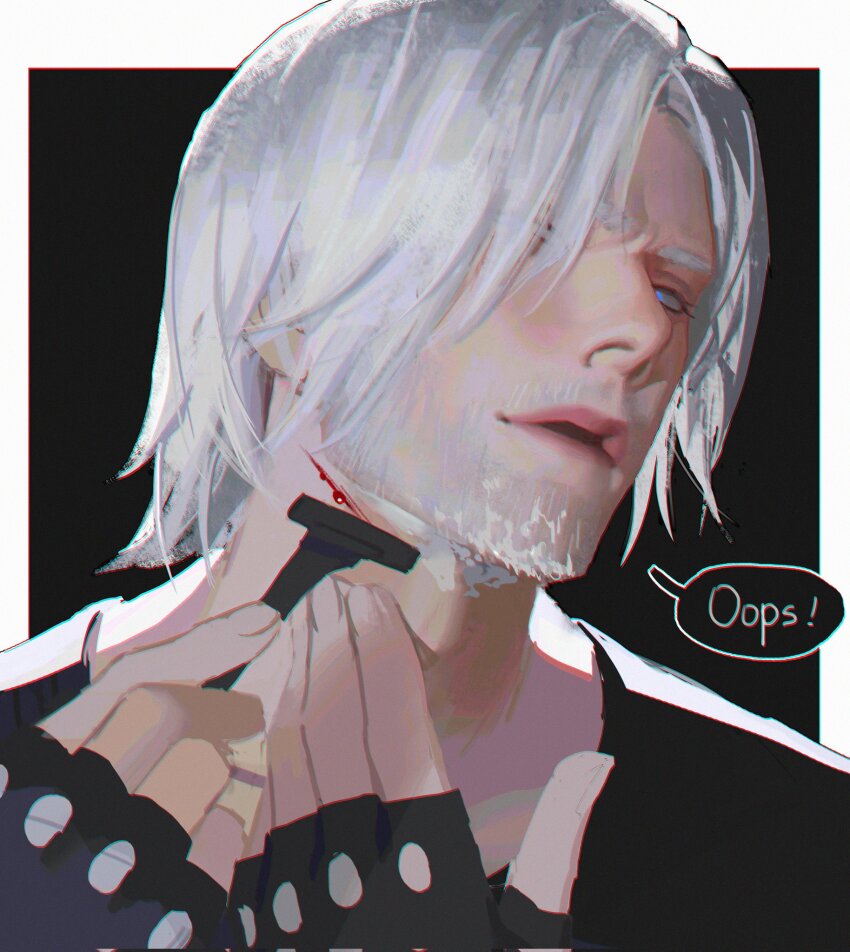 1boy black_background black_gloves black_shirt blood blue_eyes border dante_(devil_may_cry) devil_may_cry_(series) english_text facial_hair fingerless_gloves furrowed_brow gloves highres holding holding_razor male_focus medium_hair parted_bangs parted_lips razor safety_razor shaving shirt solo speech_bubble upper_body white_border white_hair yaoyao794