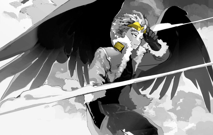 1boy boku_no_hero_academia closed_mouth cloud earrings eyewear_lift fur-trimmed_jacket fur_trim gloves grey_background greyscale hand_in_pocket hawks_(boku_no_hero_academia) highres horocca jacket jewelry looking_ahead male_focus monochrome pants short_hair solo tinted_eyewear wings