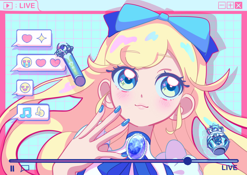 absurdres blonde_hair blue_bow blue_brooch blue_eyes blue_gemstone blue_nails blue_ribbon blush bow chat_log colored_lineart commentary facing_viewer floating_hair gem hair_bow hand_up highres himitsu_no_aipri hoshikawa_mitsuki lips livestream long_hair looking_up microphone pipo_(pipopipopo00) pretty_series ribbon sidelocks star_(symbol) star_in_eye straight_hair symbol_in_eye upper_body