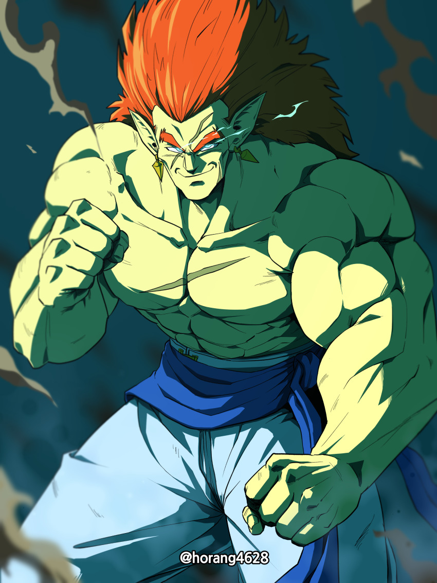 1boy absurdres blue_eyes bojack clenched_hands colored_skin dragon_ball dragonball_z earrings fighting_stance green_skin highres horang4628 jewelry korean_commentary long_hair looking_at_viewer male_focus muscular muscular_male pants pointy_ears red_hair scar scar_on_chest smile solo topless_male