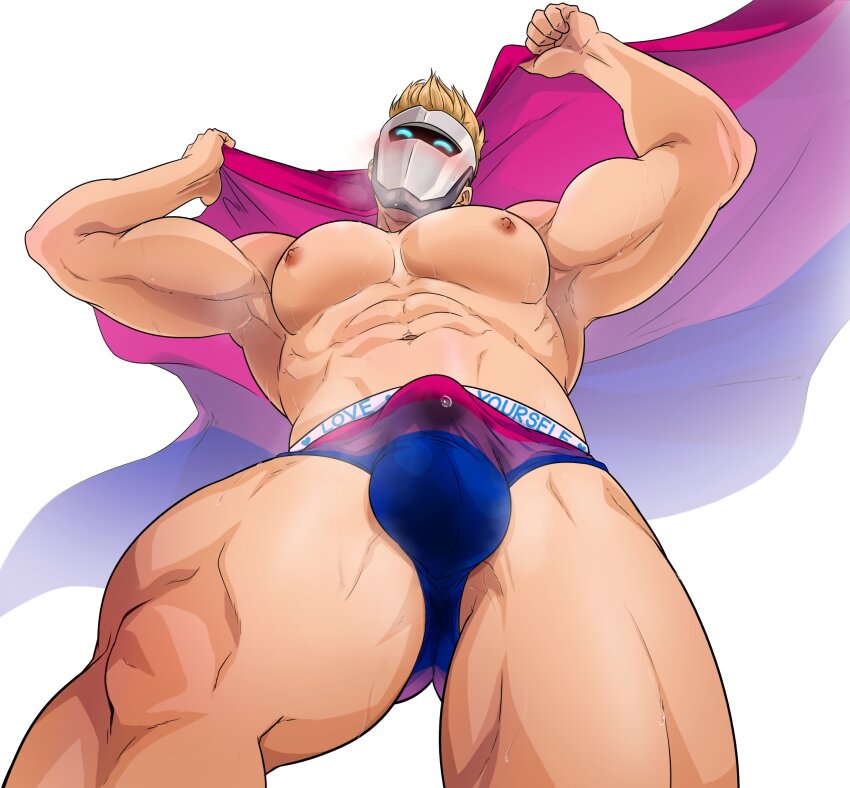 1boy abs absurdres bara bisexual_flag blonde_hair blush character_request commentary copyright_request english_commentary english_text flag from_below happy highres holding holding_flag kagami06art lgbt_pride male_focus mask muscular muscular_male nipples second-party_source solo thighs underwear underwear_only waving_flag white_background