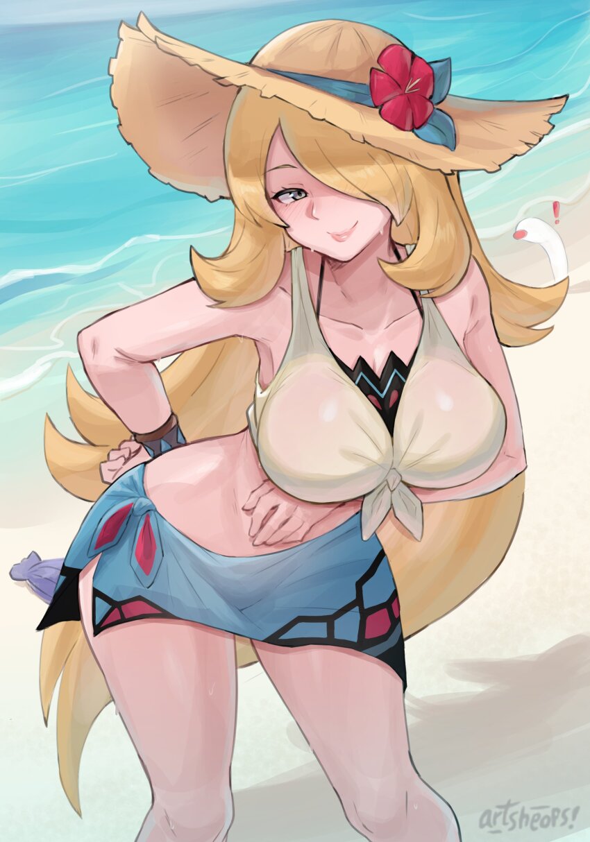 1girl absurdres alternate_costume artsheops beach blonde_hair blush bracelet breasts cynthia_(pokemon) cynthia_(summer_2025)_(pokemon) flower_ornament gen_1_pokemon grey_eyes hair_over_one_eye hat highres jewelry large_breasts leaning_forward long_hair looking_at_viewer nintendo official_alternate_costume pokemon pokemon_masters_ex shellder shirt side-tie_skirt smile solo sun_hat swimsuit swimsuit_under_clothes tied_shirt very_long_hair wiglett