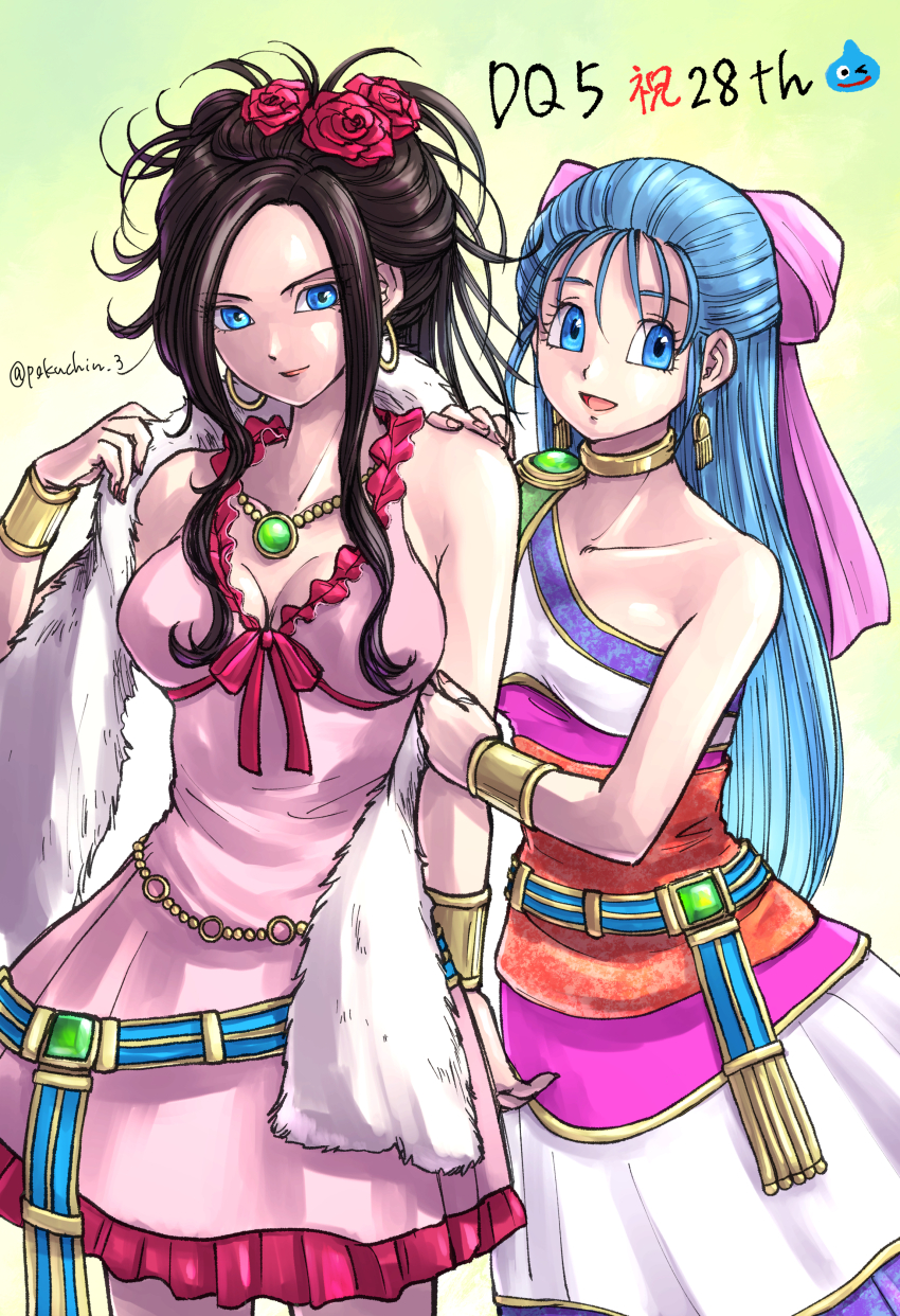 2girls :d absurdres anniversary blue_eyes blue_hair bow bracelet breasts brown_hair choker cleavage commentary_request cowboy_shot deborah_(dq5) dragon_quest dragon_quest_v dress earrings flora_(dq5) flower fur_shawl gem gold_choker gold_earrings gradient_background green_background green_gemstone hair_bow hair_flower hair_ornament hair_pulled_back half_updo highres hoop_earrings jewelry large_breasts long_hair multicolored_dress multiple_girls necklace open_mouth pekuchin_(pekuchin_3) pink_bow pink_dress pink_nails red_flower red_rose rose shawl siblings single-shoulder_dress sisters slime_(dragon_quest) smile twitter_username white_background