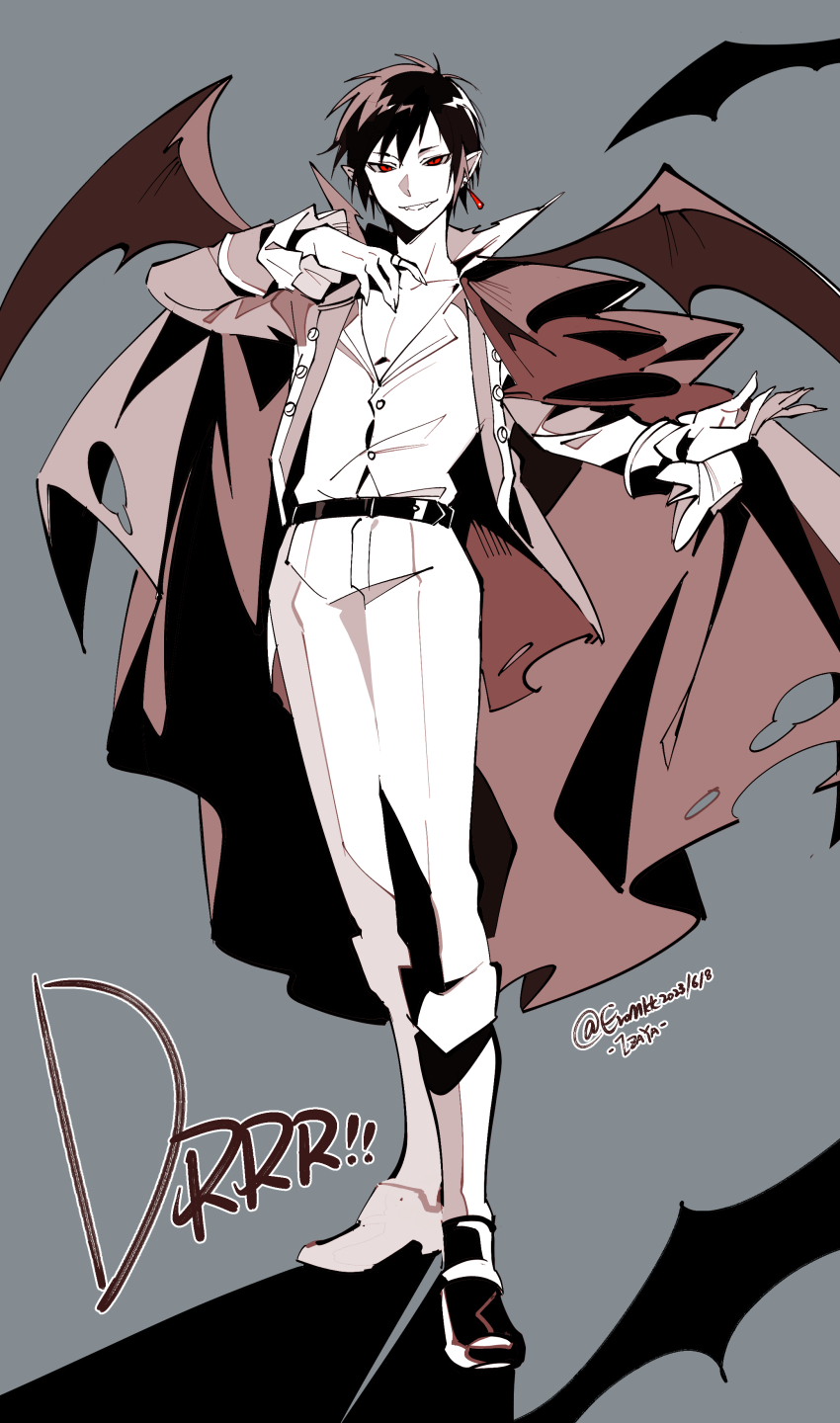 1boy absurdres arm_up bat_wings belt belt_buckle black_hair boots buckle cape coat collarbone collared_shirt copyright_name durarara!! earrings eromkk fingernails frilled_cape frilled_sleeves frills full_body grey_background highres jewelry looking_at_viewer male_focus open_collar orihara_izaya outstretched_arm pants parted_bangs piercing pointy_ears popped_collar red_cape red_eyes ring sharp_fingernails shirt shirt_tucked_in short_hair simple_background single_earring smile solo standing torn_cape torn_clothes vampire wings