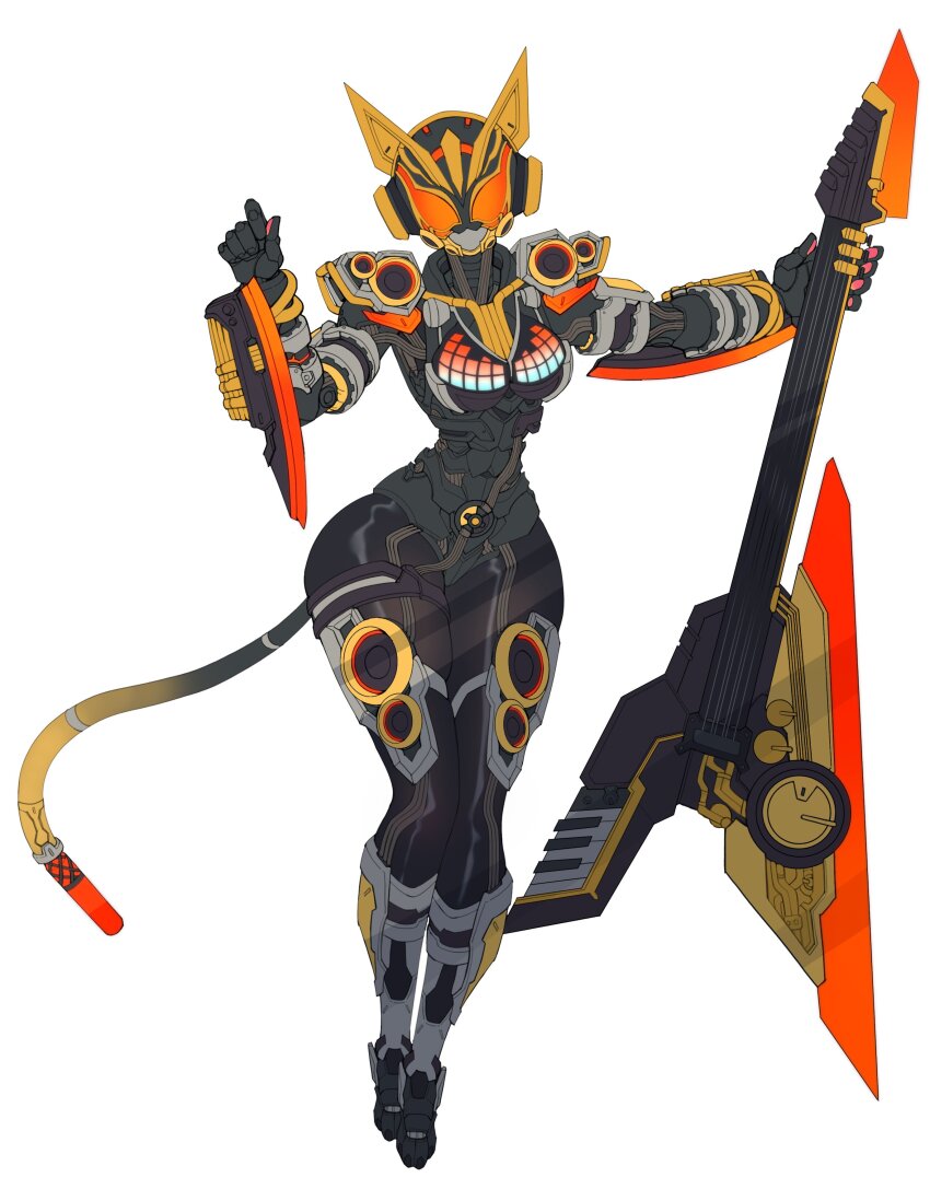 1girl absurdres armor beat_buckle breasts cable cable_tail catball1994 clenched_hand full_body guitar head_tilt highres holding holding_instrument instrument kamen_rider kamen_rider_geats_(series) kamen_rider_na-go looking_at_viewer mechanical_tail medium_breasts orange_eyes power_armor solo tail tokusatsu white_background wide_hips