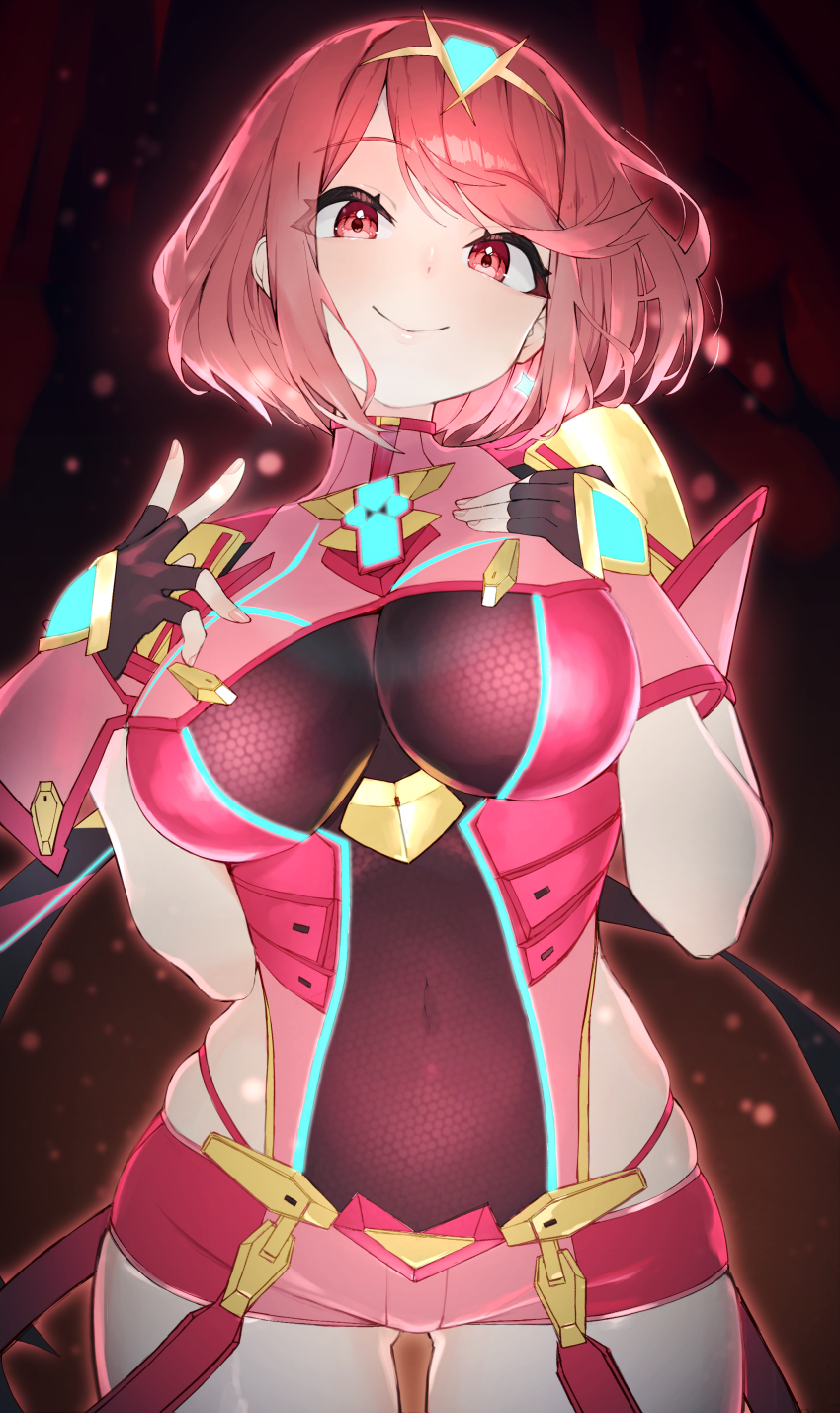 1girl absurdres blush bracer breasts chest_jewel closed_mouth covered_navel fingernails gem green_gemstone highres large_breasts leotard looking_at_viewer medium_hair pink_nails pyra_(xenoblade) red_eyes red_hair red_leotard red_shorts rindoriko see-through_clothes see-through_leotard shorts smile solo swept_bangs thighs tiara xenoblade_chronicles_(series) xenoblade_chronicles_2 yellow_tiara