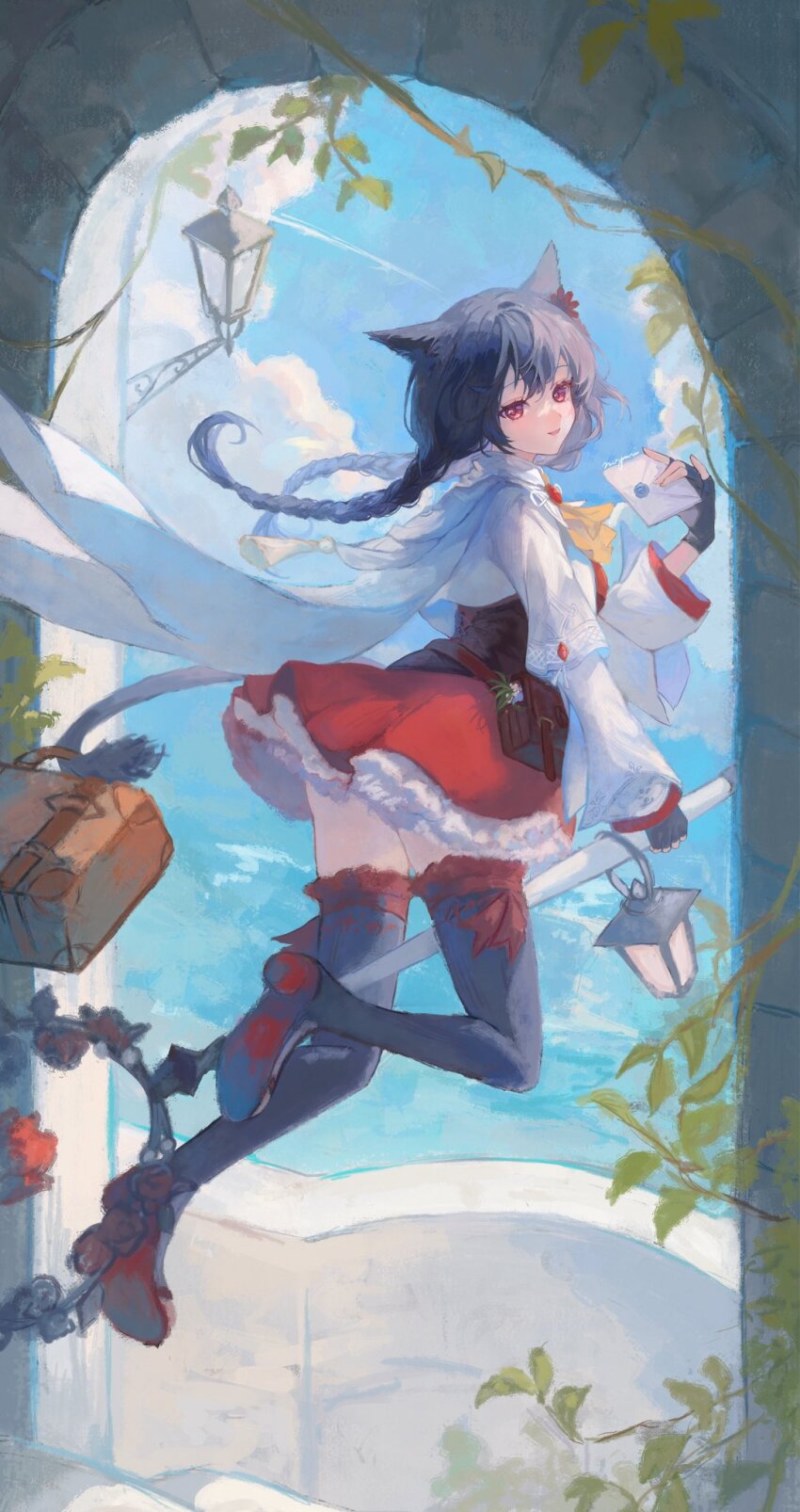 1girl animal_ears artist_name between_legs black_gloves black_hair boots braid capelet cat_ears cat_tail corset dress envelope final_fantasy final_fantasy_xiv fingerless_gloves flower gloves hair_flower hair_ornament highres holding holding_envelope holding_staff lantern miqo&#039;te noyuri_(noyuriin) red_dress red_eyes staff staff_riding tail thigh_boots twin_braids waist_bag warrior_of_light_(ff14) white_capelet