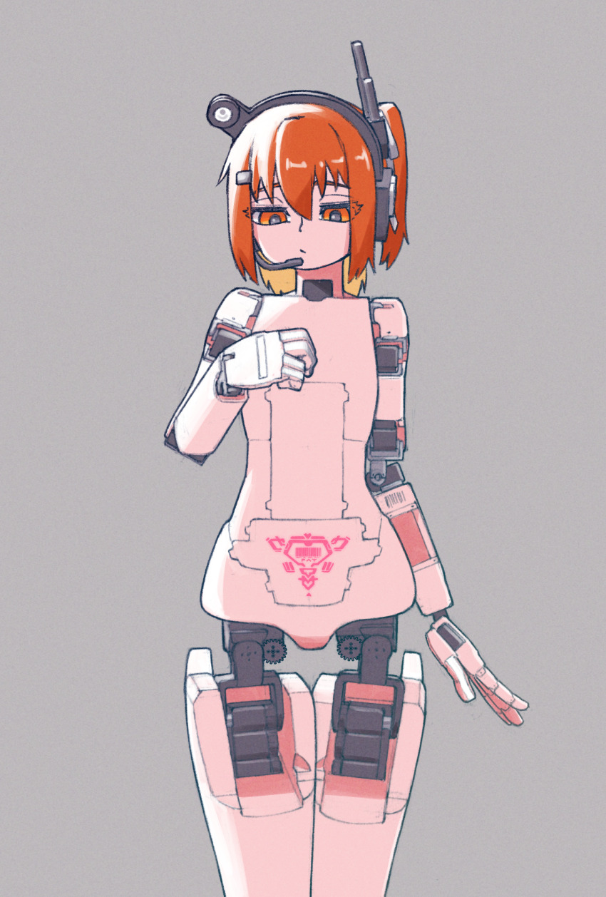 1girl a.i._voice adachi_rei android completely_nude cowboy_shot grey_background hand_up highres joints medium_hair nude one_side_up orange_eyes orange_hair pubic_tattoo robot_joints simple_background solo standing taoyaka_(toyk39) tattoo utau