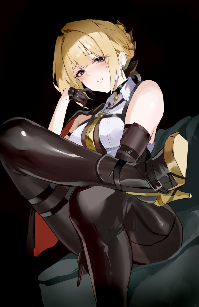 1girl absurdres arm_strap black_jacket black_pants blonde_hair boots breasts choker cleavage couch elbow_gloves evelyn_chevalier gloves hair_ornament hand_up high_heel_boots high_heels highres jacket jewelry latex leggings looking_at_viewer mole mole_under_eye necktie open_mouth pants purple_eyes ring_hair_ornament shirt short_hair sitting smile solo tight_clothes tight_pants yato_(yama0x1) yellow_necktie zenless_zone_zero