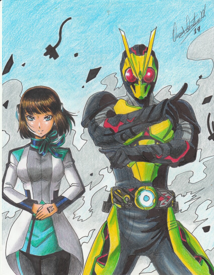 1boy 1girl 2019 absurdres antennae aqua_eyes aqua_skirt armor arms_up artist_name belt black_bodysuit black_ribbon blunt_bangs bob_cut bodysuit brown_hair bug coat cowboy_shot dust_cloud full_armor green_armor headphones helmet highres hime_cut humagear_headphones is_(kamen_rider_01) kamen_rider kamen_rider_01_(series) kamen_rider_zero-one male_focus multicolored_hair outstretched_arms outstretched_hand own_hands_together ravernclouk_design red_eyes ribbon robot_ears short_hair skirt sky smile standing streaked_hair traditional_media white_coat