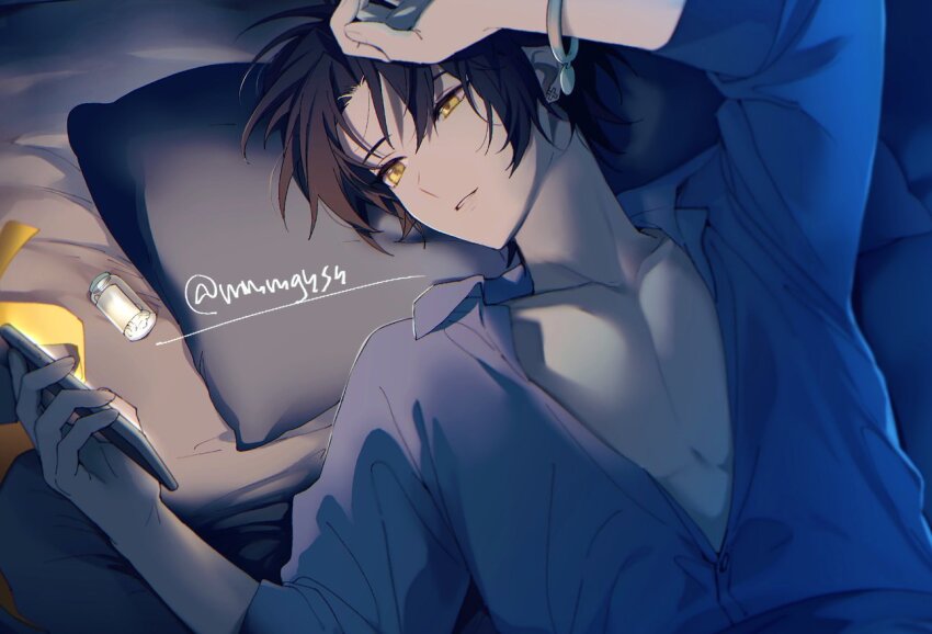 1boy arm_up artist_name asaba_harumasa bed bed_sheet black_hair bracelet cellphone collarbone collared_shirt commentary_request earrings grey_shirt hand_up headband holding holding_phone indoors jewelry lying male_focus mmmgnsn on_back on_bed open_clothes open_shirt parted_bangs parted_lips partially_unbuttoned pectoral_cleavage pectorals phone pill pill_bottle pillow shirt short_hair sleeves_rolled_up smartphone smile solo twitter_username unworn_headband yellow_eyes yellow_headband zenless_zone_zero