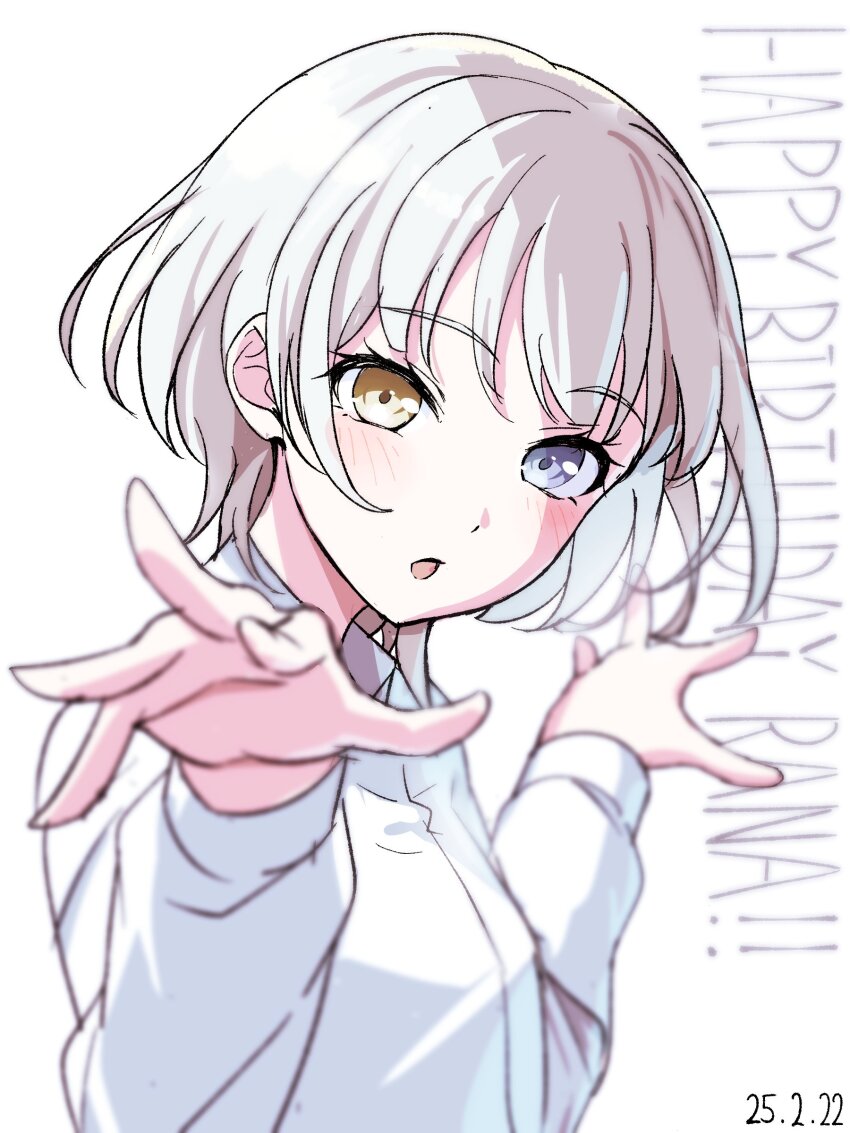 1girl absurdres bang_dream! bang_dream!_it&#039;s_mygo!!!!! blue_eyes blush commentary dated dress_shirt happy_birthday heterochromia highres kaname_raana long_sleeves looking_at_viewer nobusawa_osamu open_mouth shirt short_hair simple_background solo upper_body white_background white_hair white_shirt yellow_eyes