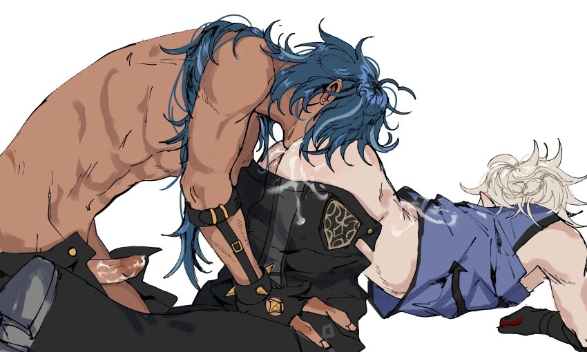 2boys absurdres after_anal aftersex ahoge albedo_(genshin_impact) all_fours anilingus black_gloves black_pants blonde_hair blue_hair blue_shirt clothes_pull cum cum_on_ass cum_on_back cum_on_body cum_on_penis earrings erection from_side genshin_impact gloves highres jewelry kaeya_(genshin_impact) long_hair male_focus multiple_boys nude pants pants_pull penis pointy_ears pulling_another&#039;s_clothes riki0928 shirt simple_background sleeveless stud_earrings testicles topless_male unbuttoned uncensored wavy_hair white_background yaoi