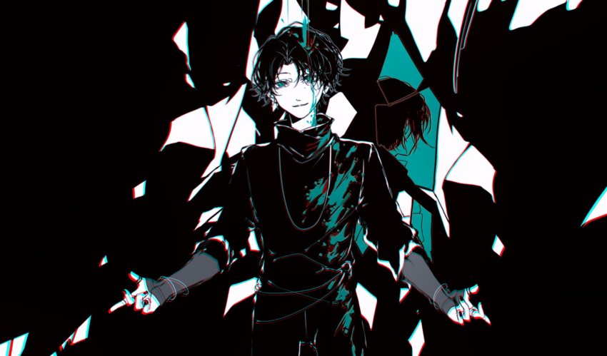 1boy aqua_eyes back-to-back black_hair black_nails black_shirt broken_glass cyuer11 distortion evil_smile glass highres jewelry kagero_(kamen_rider_revice) kamen_rider kamen_rider_revice nail_polish necklace open_hands reflection shatter shirt smile splatter